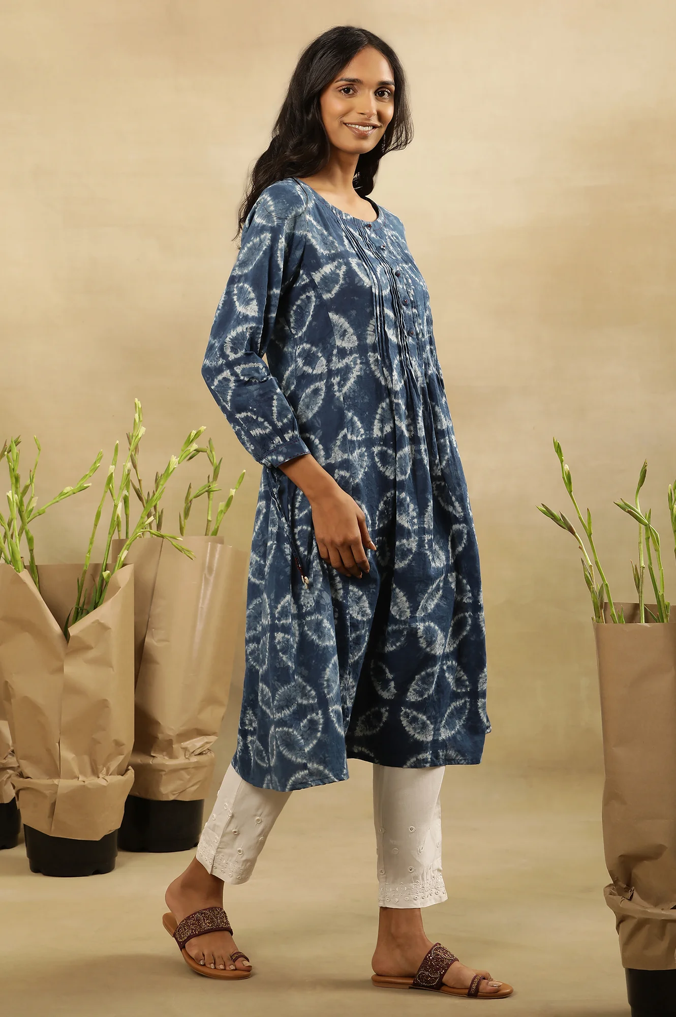 Indigo Shibori Pleated Flared Dress In Cotton Voile - Image 5