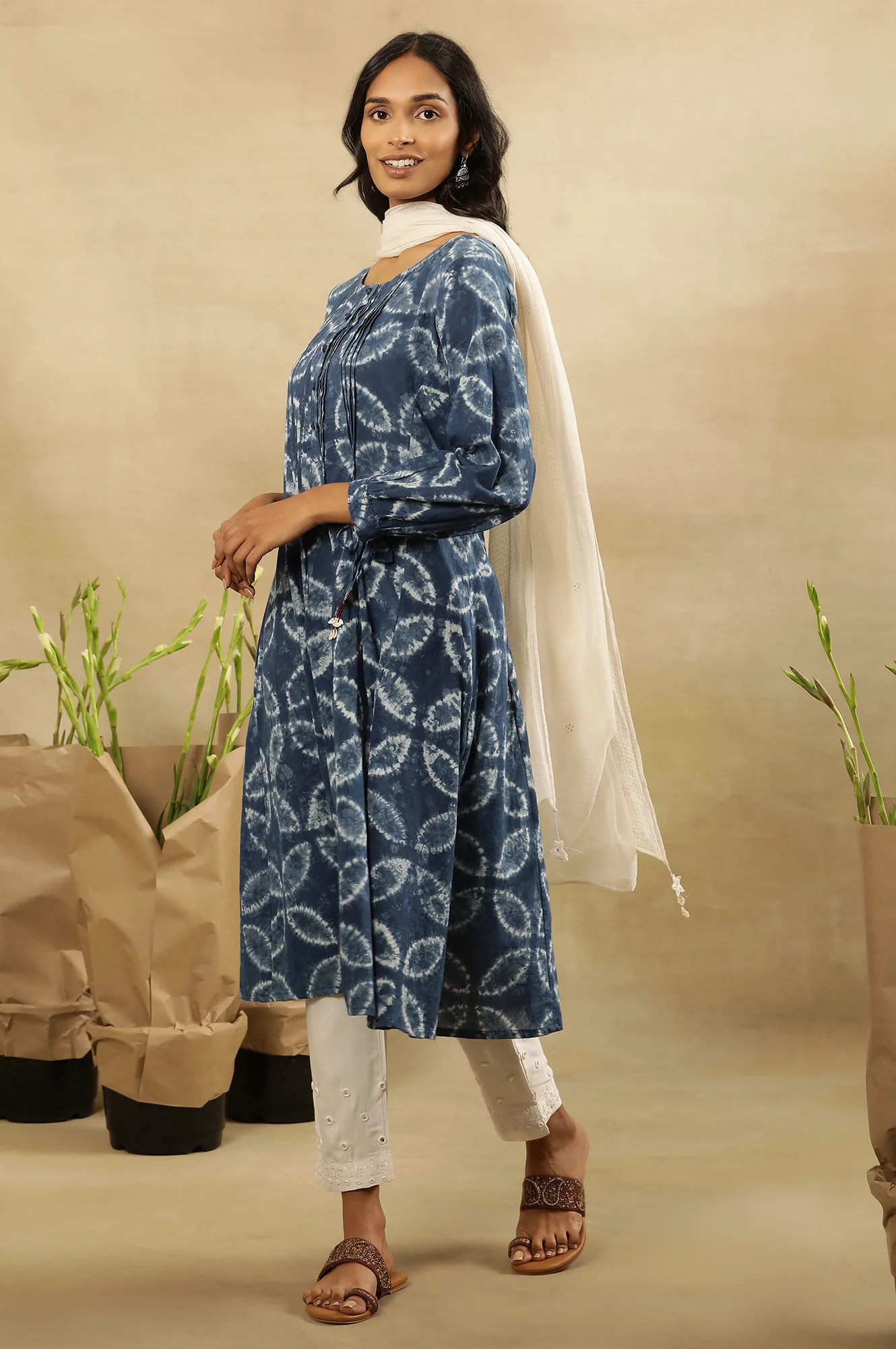 Indigo Shibori Pleated Flared Dress In Cotton Voile - Image 6
