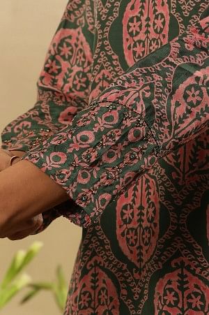 Jungle Green Block Printed Panelled Flared Kurta - Image 7
