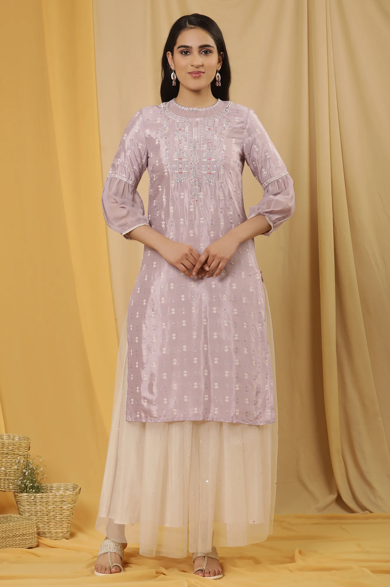 Lavender Shantung Embroidered Kurta And Mesh Skirt Set - Image 2