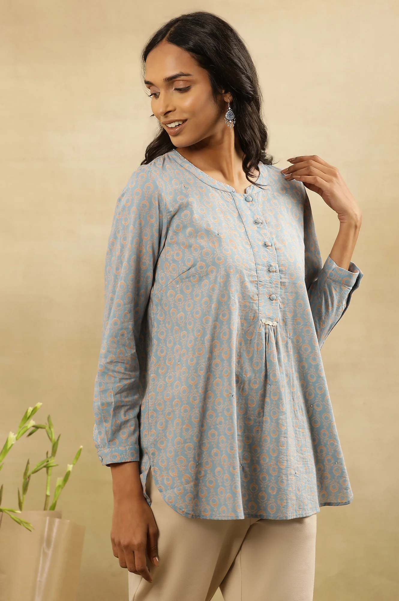 Light Blue Block Print Top With Half Placket In Cotton Voile - Image 4