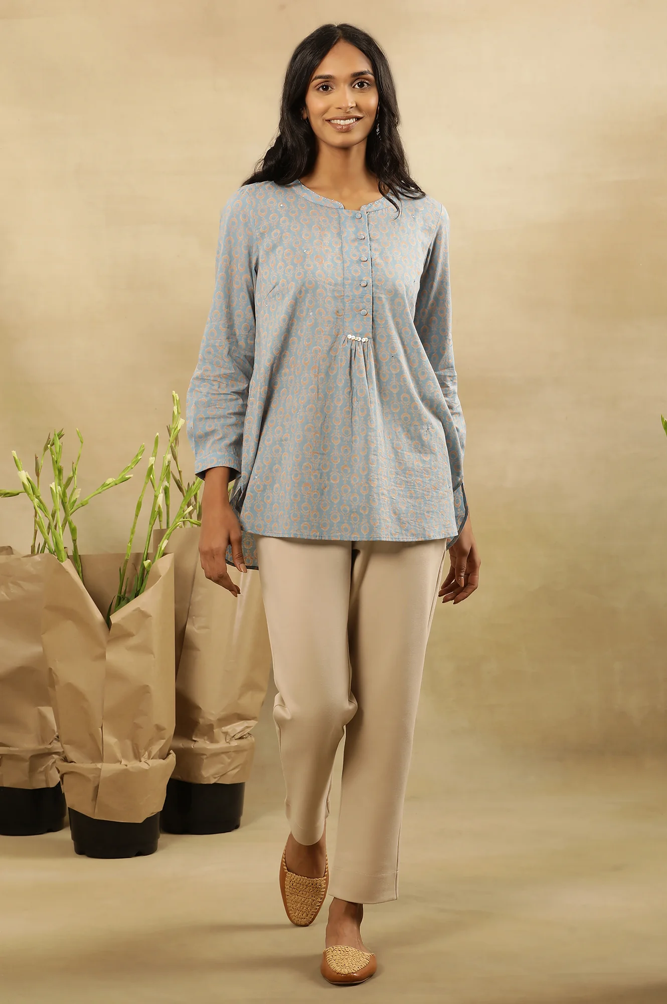 Light Blue Block Print Top With Half Placket In Cotton Voile - Image 5