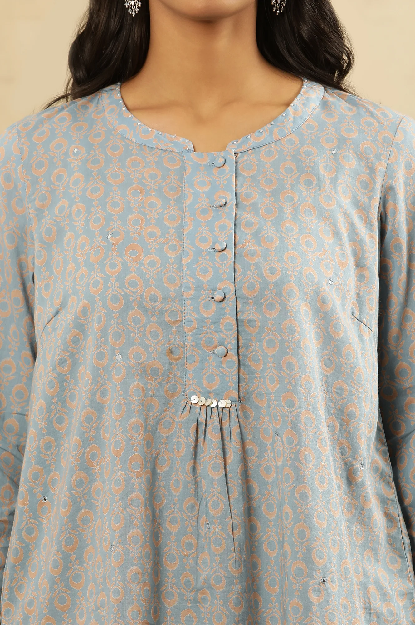 Light Blue Block Print Top With Half Placket In Cotton Voile - Image 6