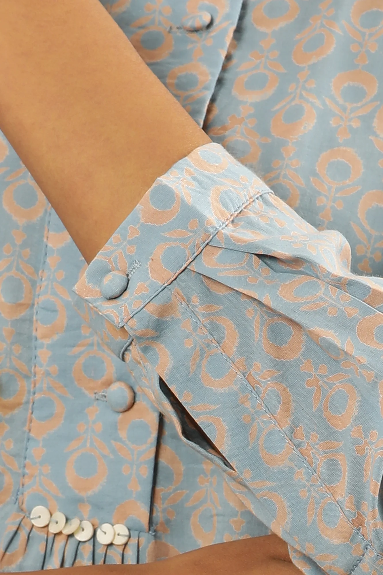 Light Blue Block Print Top With Half Placket In Cotton Voile - Image 7