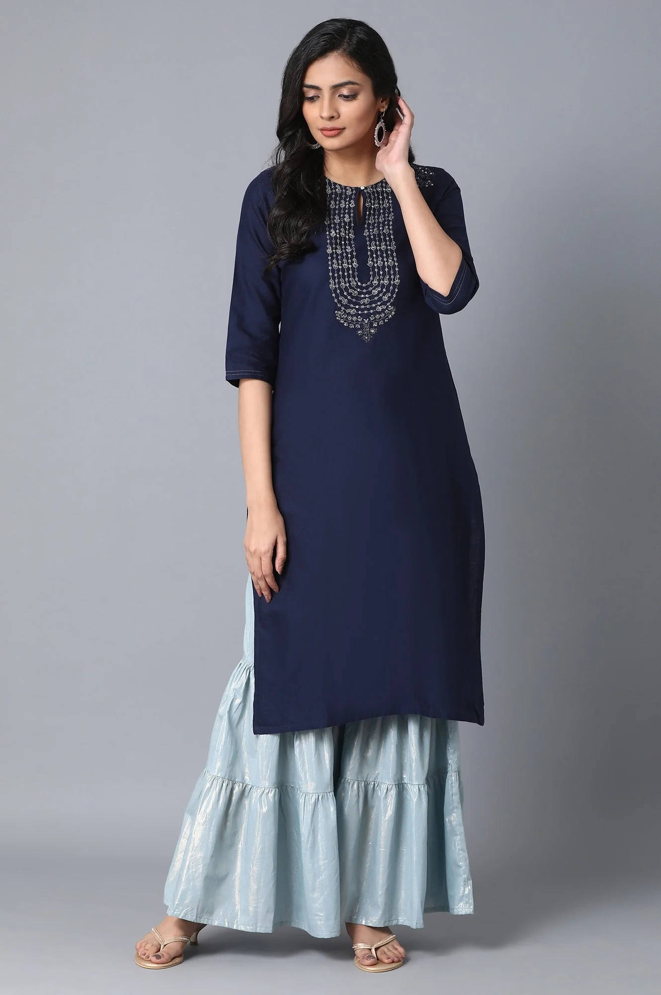 Light Blue Textured Flared Cotton Palazzo With Elasticated Waist - Image 5