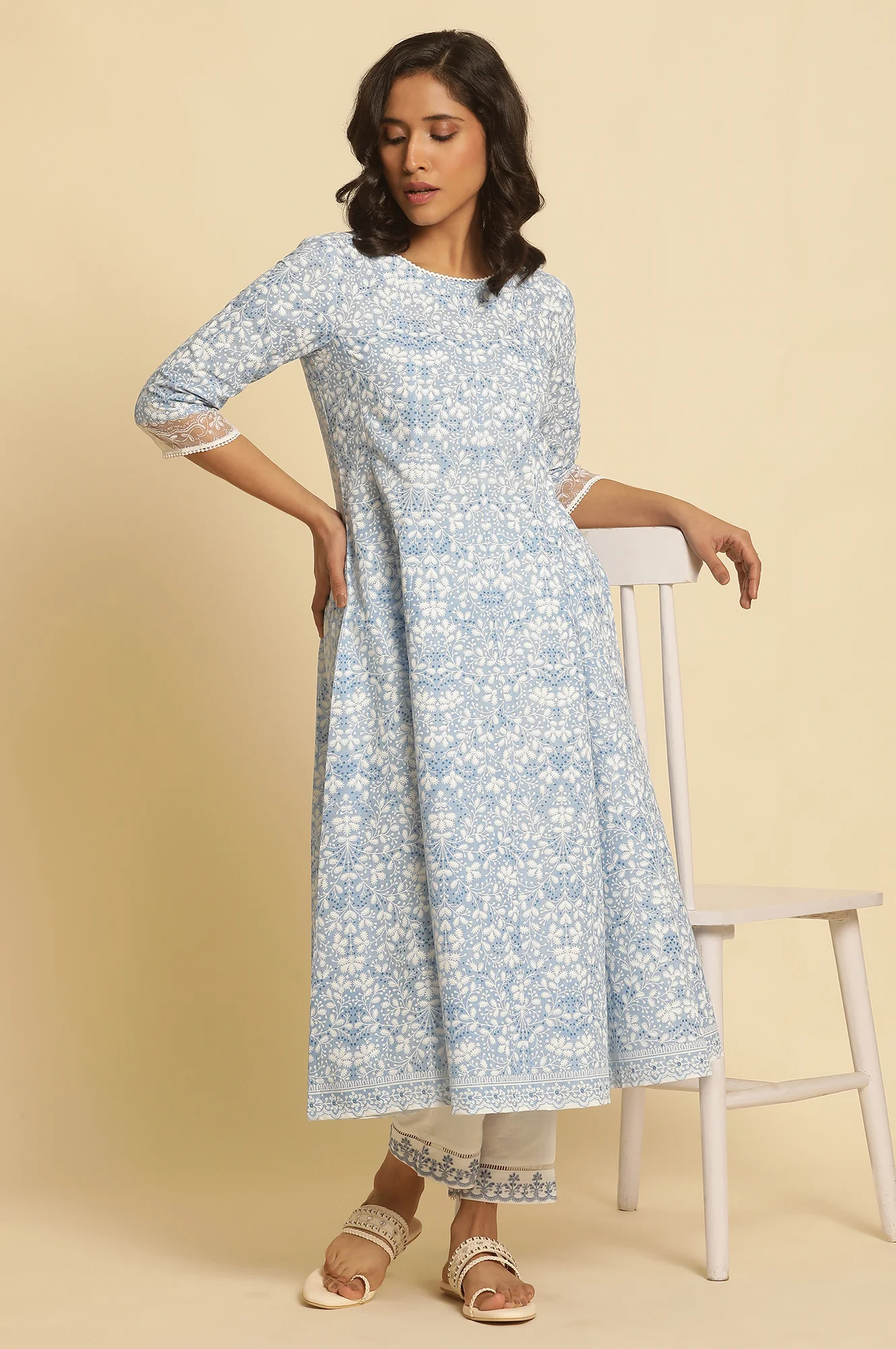 Light Blue Floral Printed Flared Kurta - Image 2