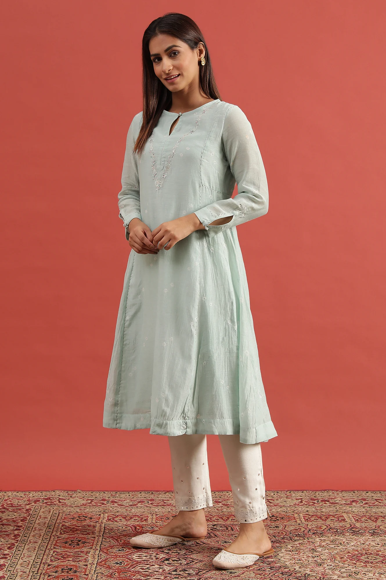 Light Blue Hand Block Print Flared Kurta - Image 2