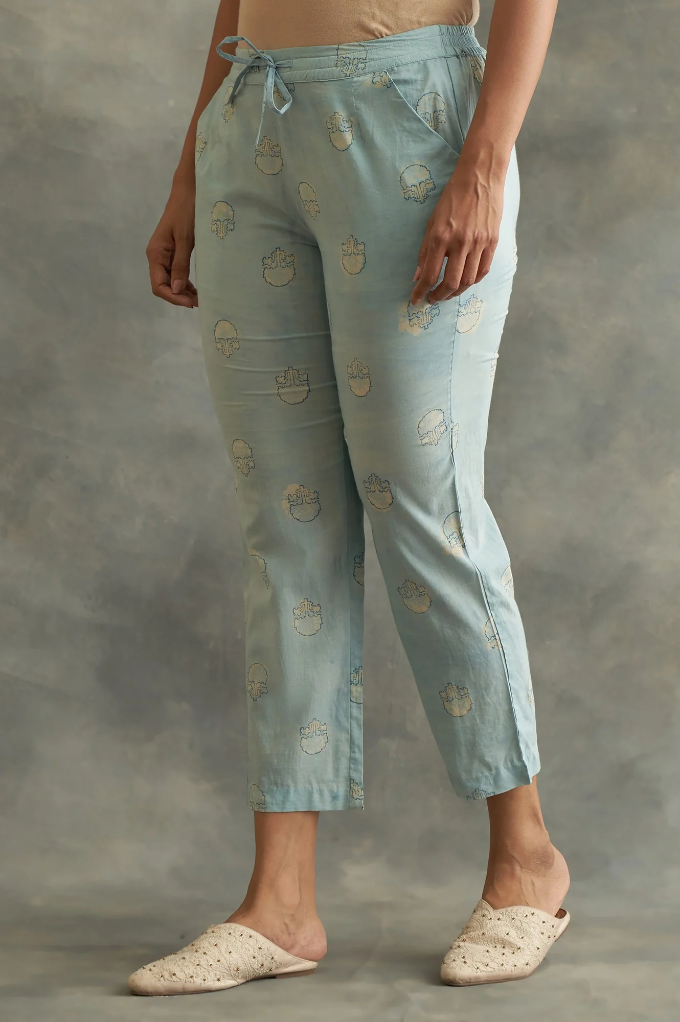 Light Blue Handblock Print Straight Pants - Image 3
