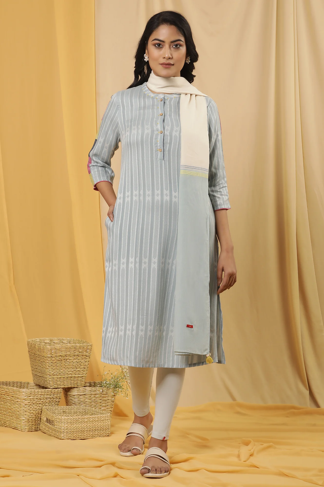 Light Blue Yarn Dyed Kurta, Tights And Dupatta Set - Image 2