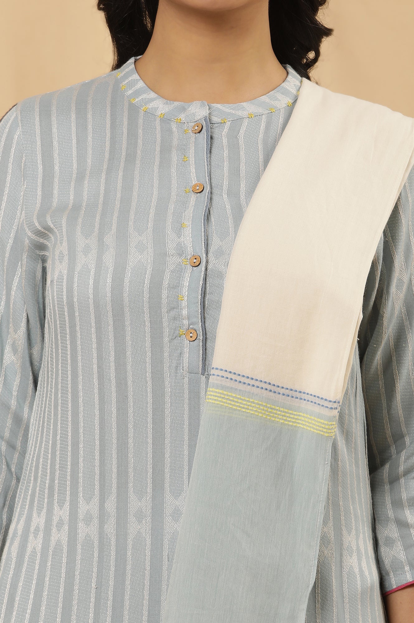 Light Blue Yarn Dyed Kurta, Tights And Dupatta Set - Image 6