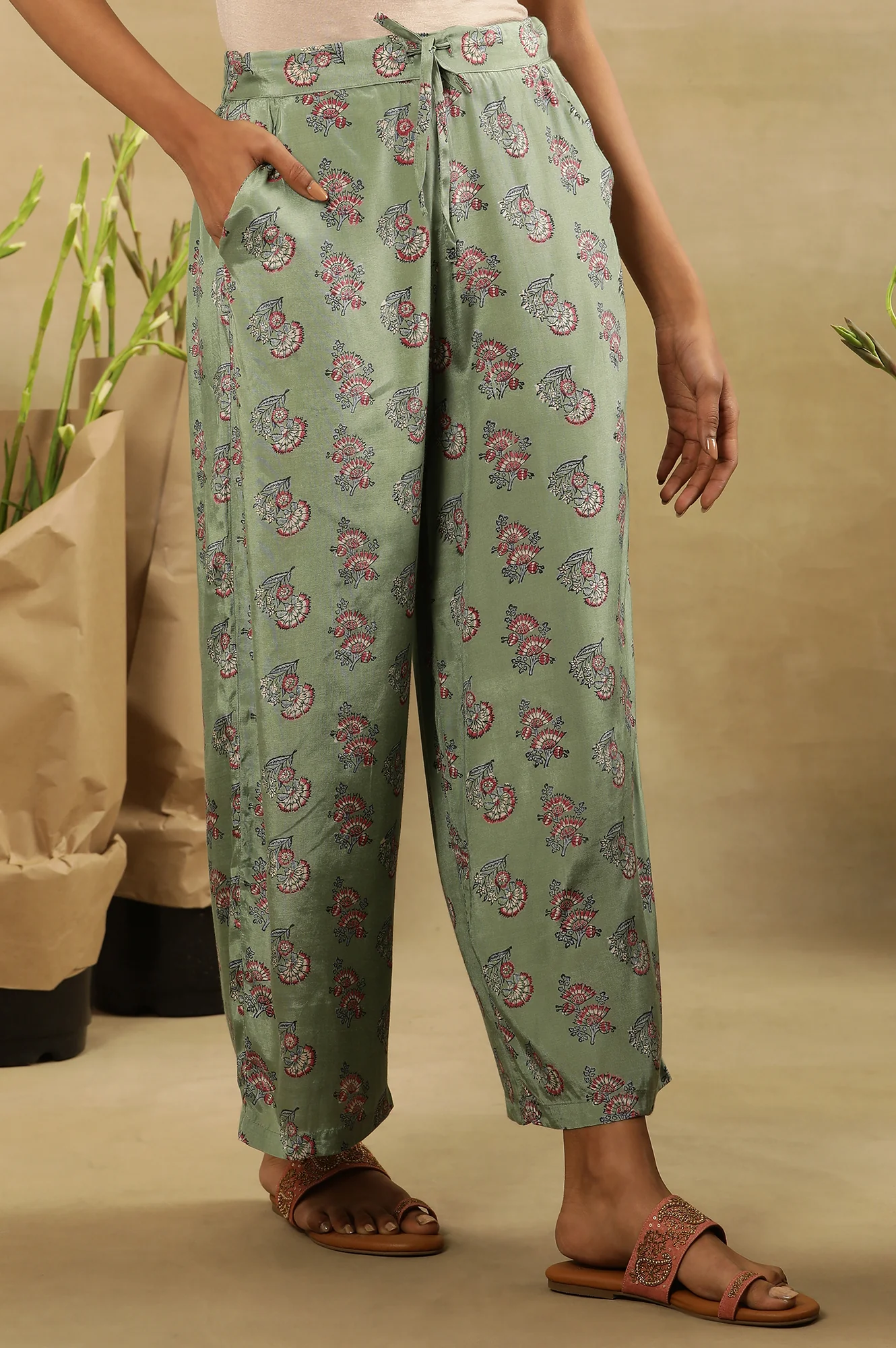 Light Green Block Printed Parallel Pants - Image 4