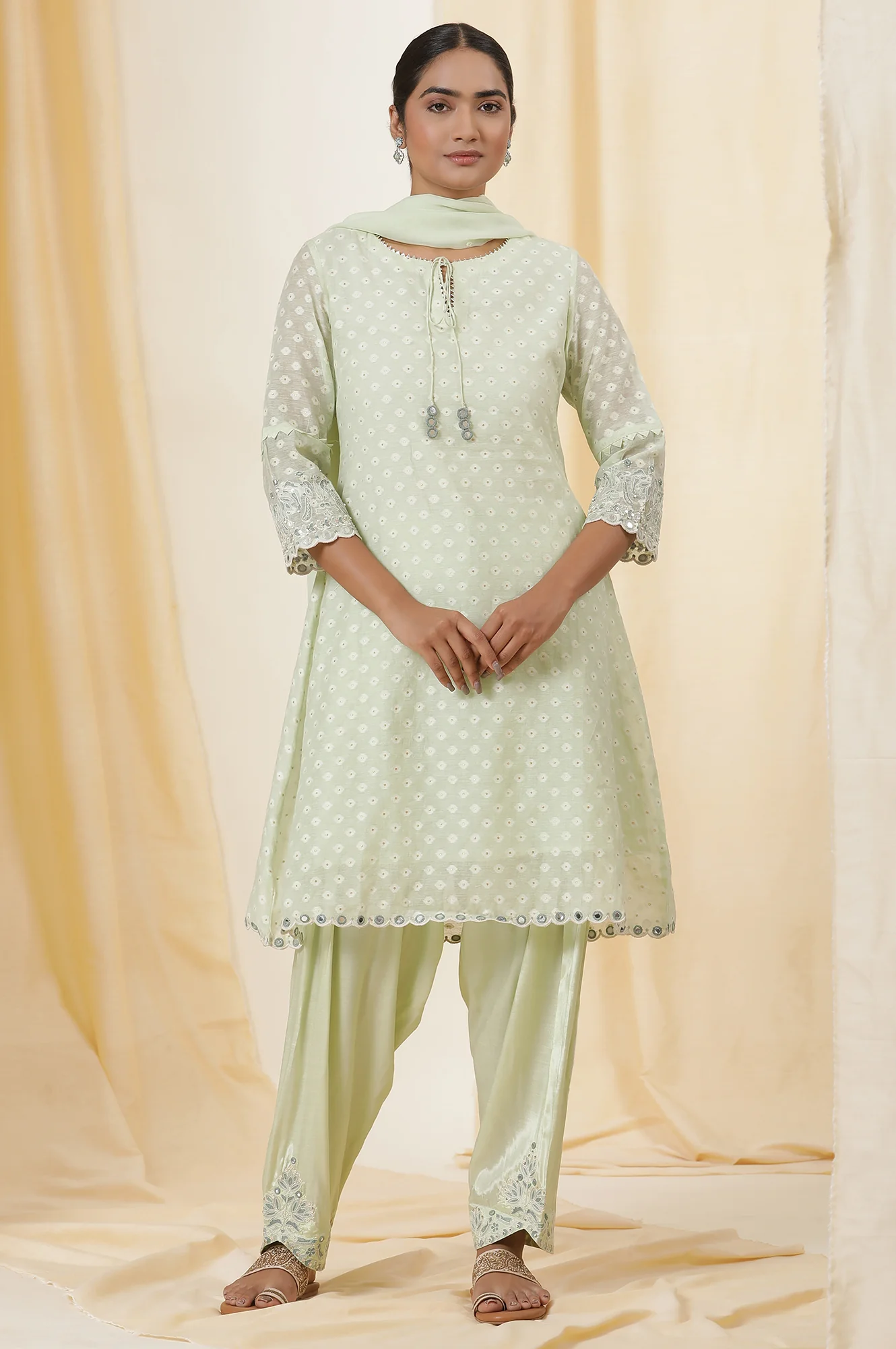 Light Green Embroidered Jacquard A-Line Kurta, Salwar And Dupatta Set - Image 2