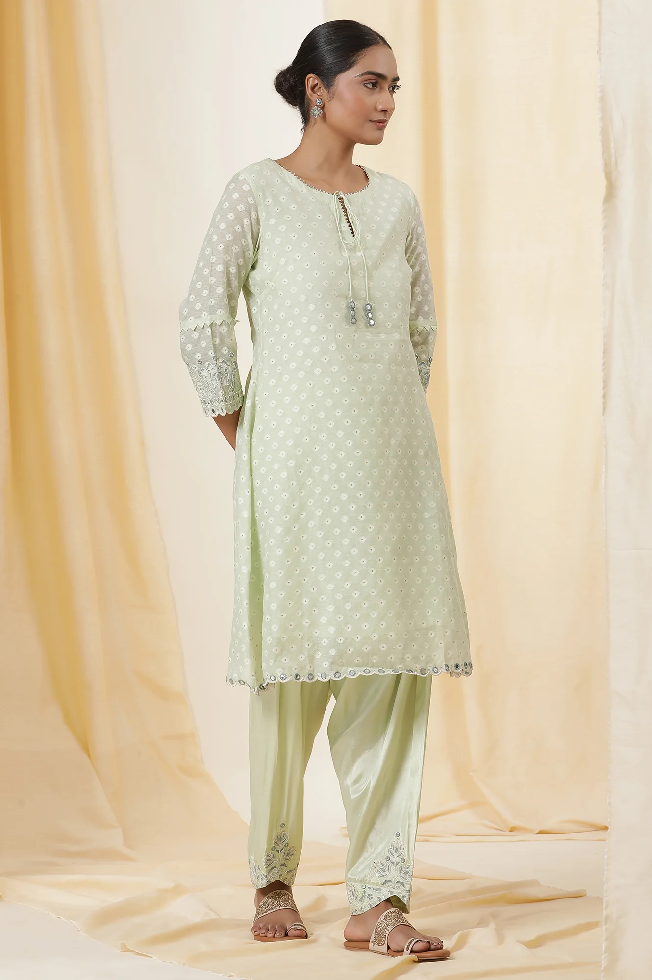 Light Green Embroidered Jacquard A-Line Kurta, Salwar And Dupatta Set - Image 5