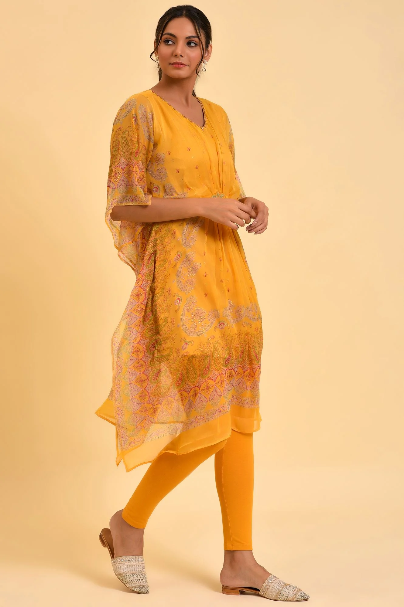 Light Mustard Printed Kaftan With Yellow Tights - Image 4