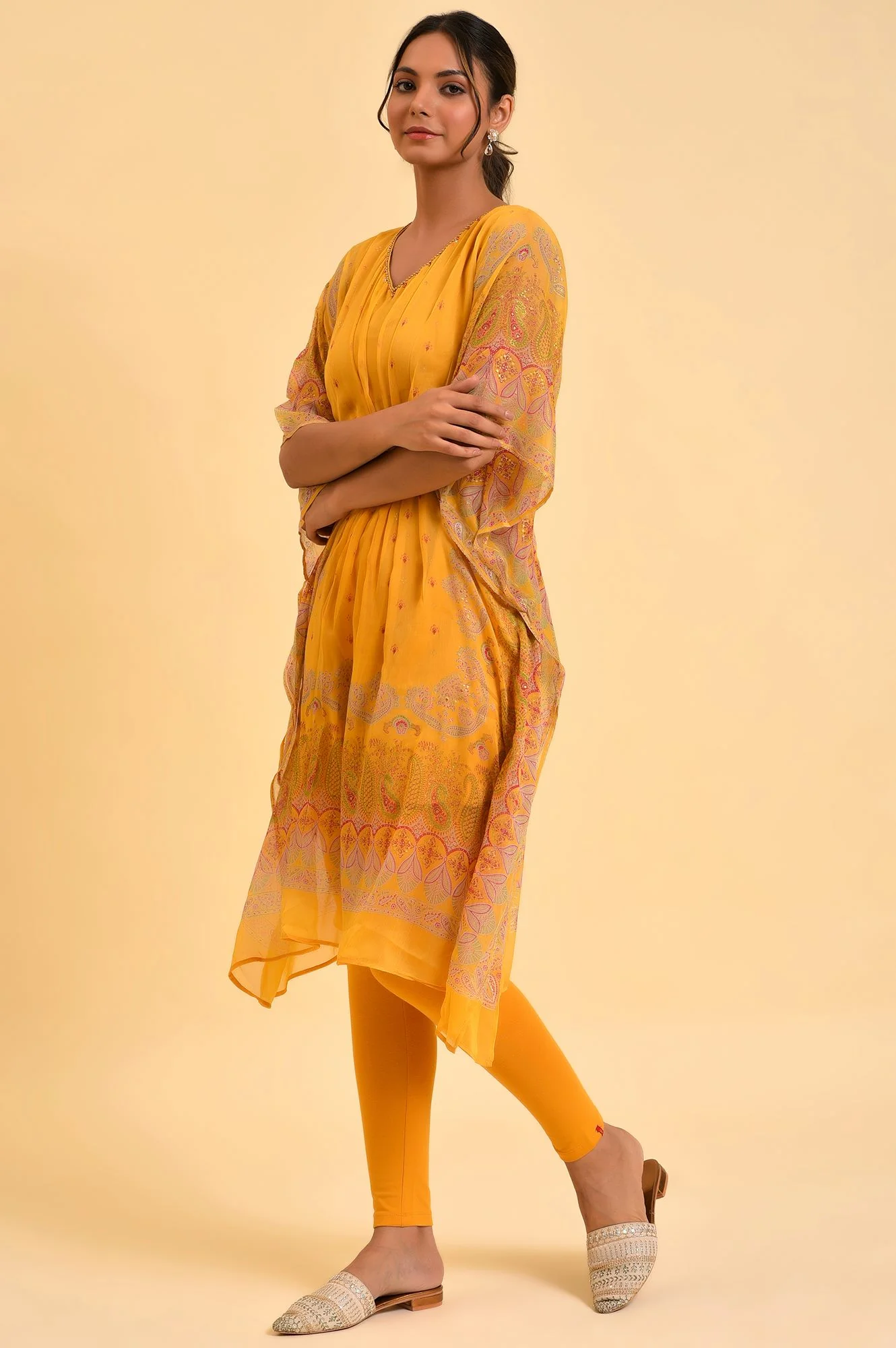 Light Mustard Printed Kaftan With Yellow Tights - Image 8