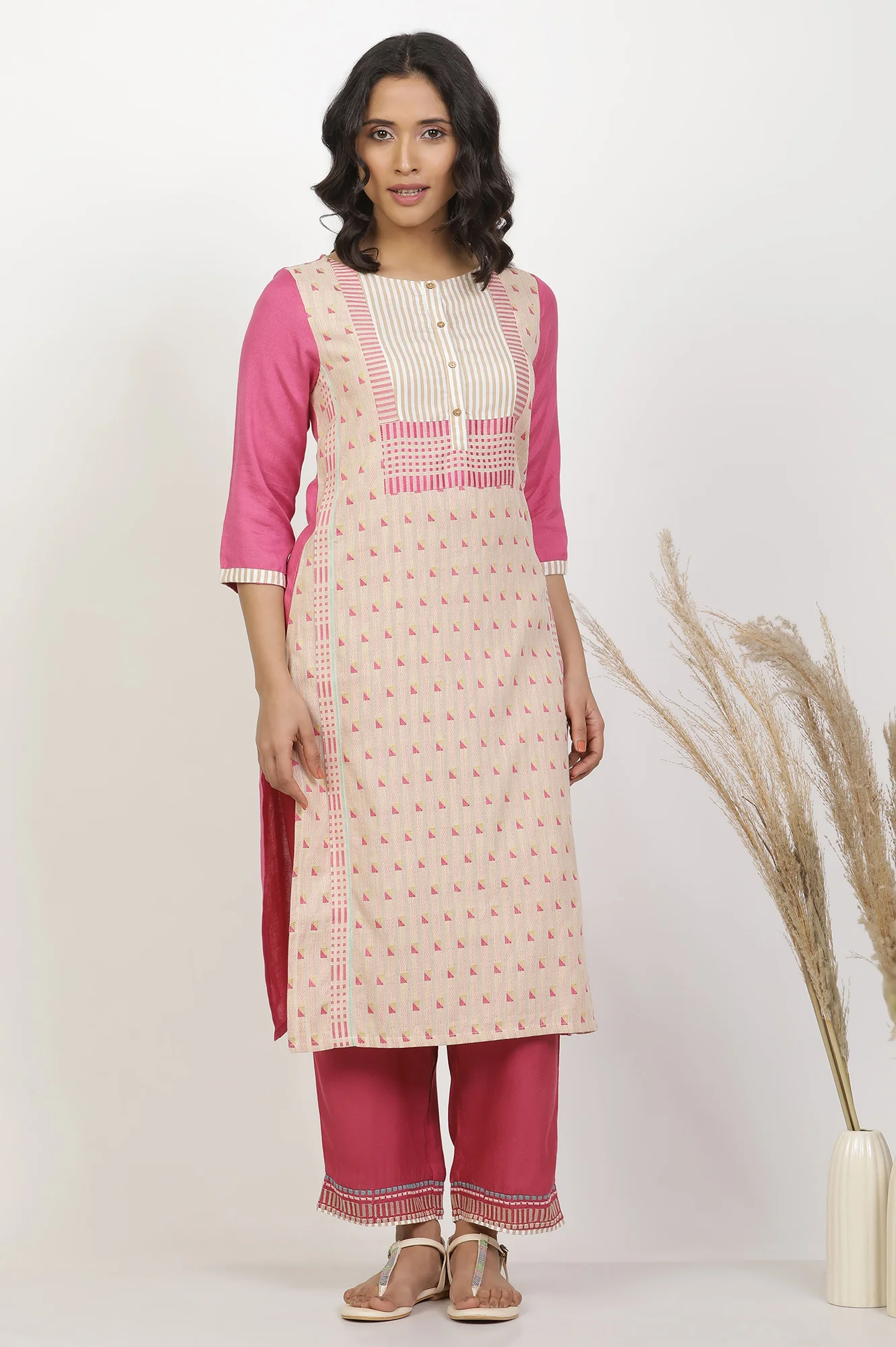 Light Pink Cotton Dobby Kurta And Pants Set - Image 2