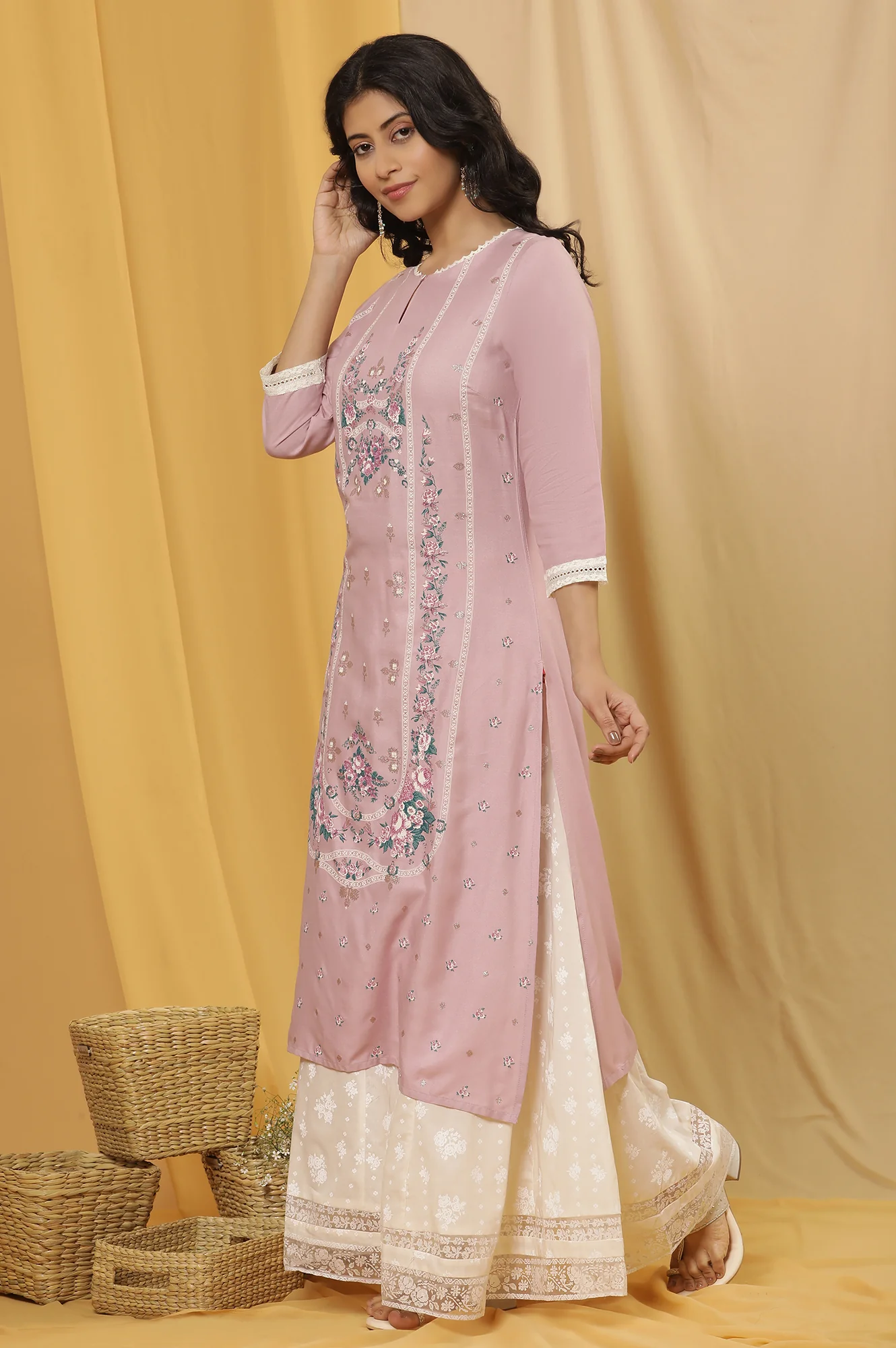 Light Purple Printed Festive Kurta And Culottes Set - Image 3