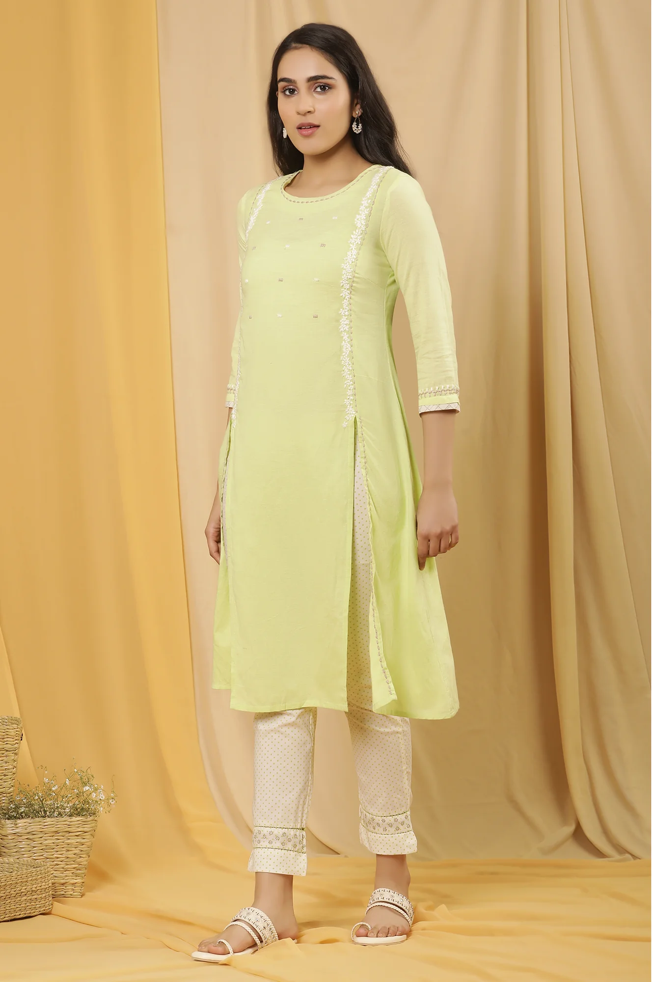Lime Green Cottom Embroidered Kurta And Pants Set - Image 3