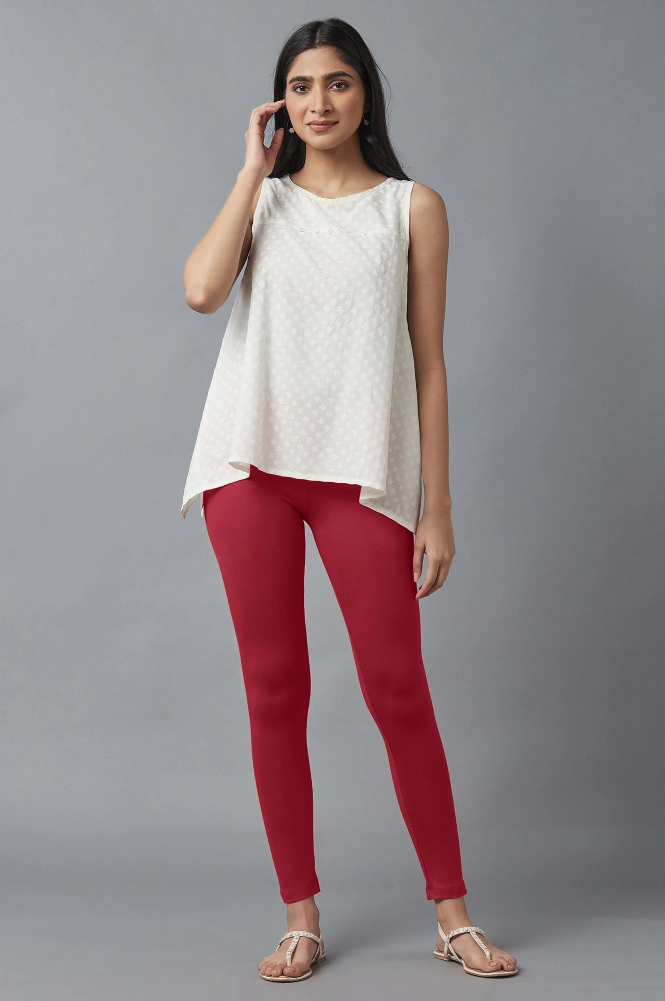 Red Solid Skinny Cotton Tights With Elasticated Waist - Image 5