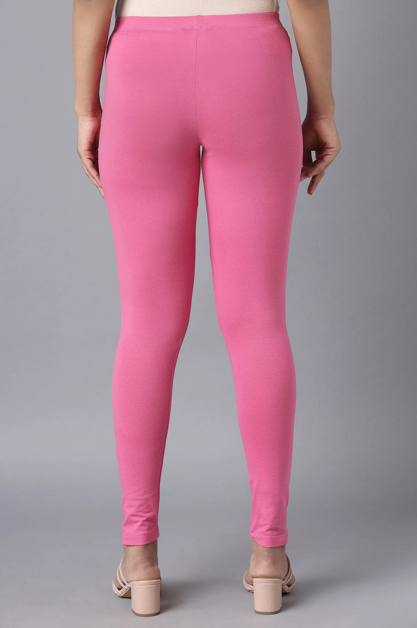 Pink Solid Skinny Fit Cotton Tights With Elasticated Waistband - Image 2