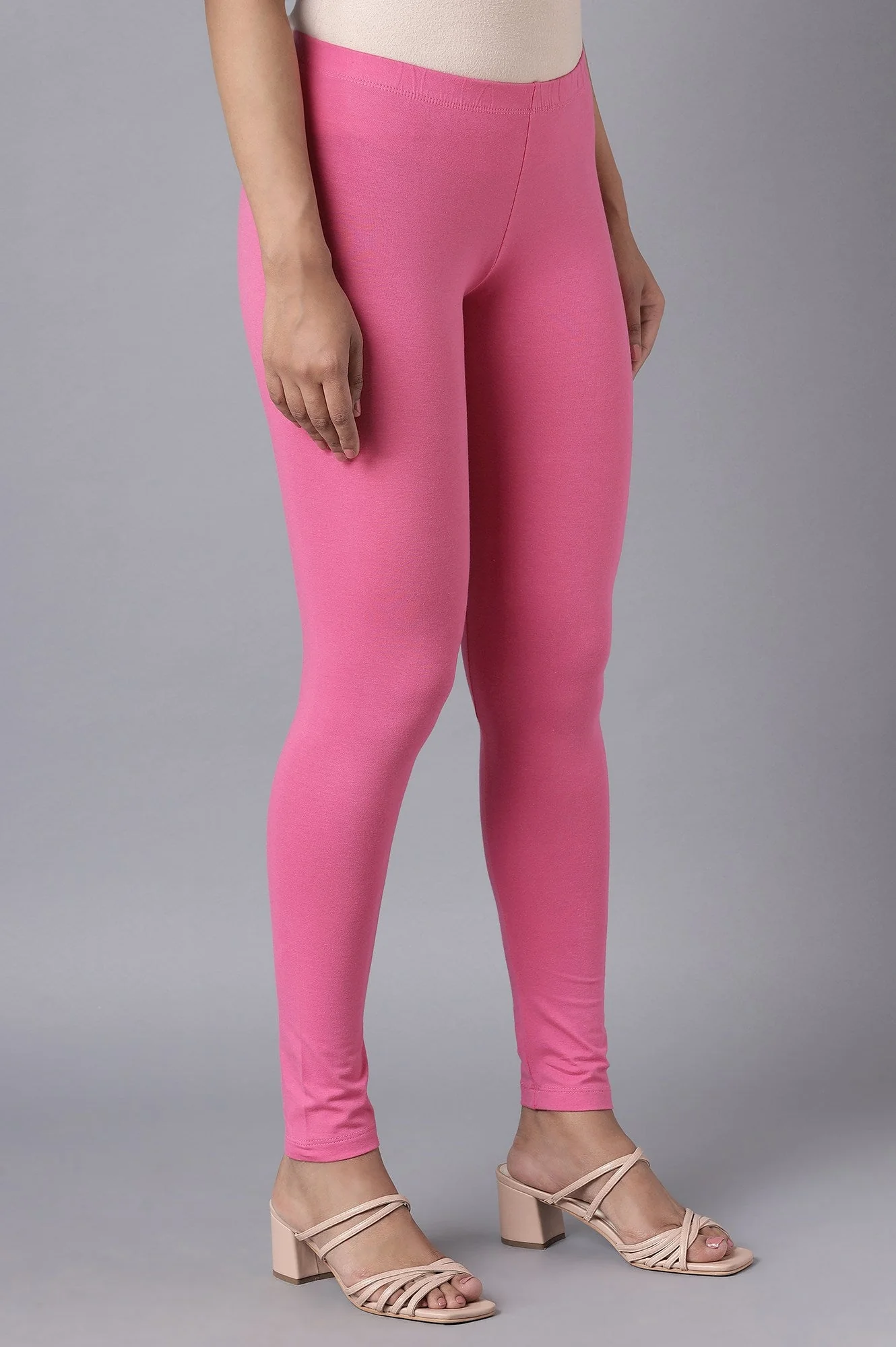 Pink Solid Skinny Fit Cotton Tights With Elasticated Waistband - Image 4