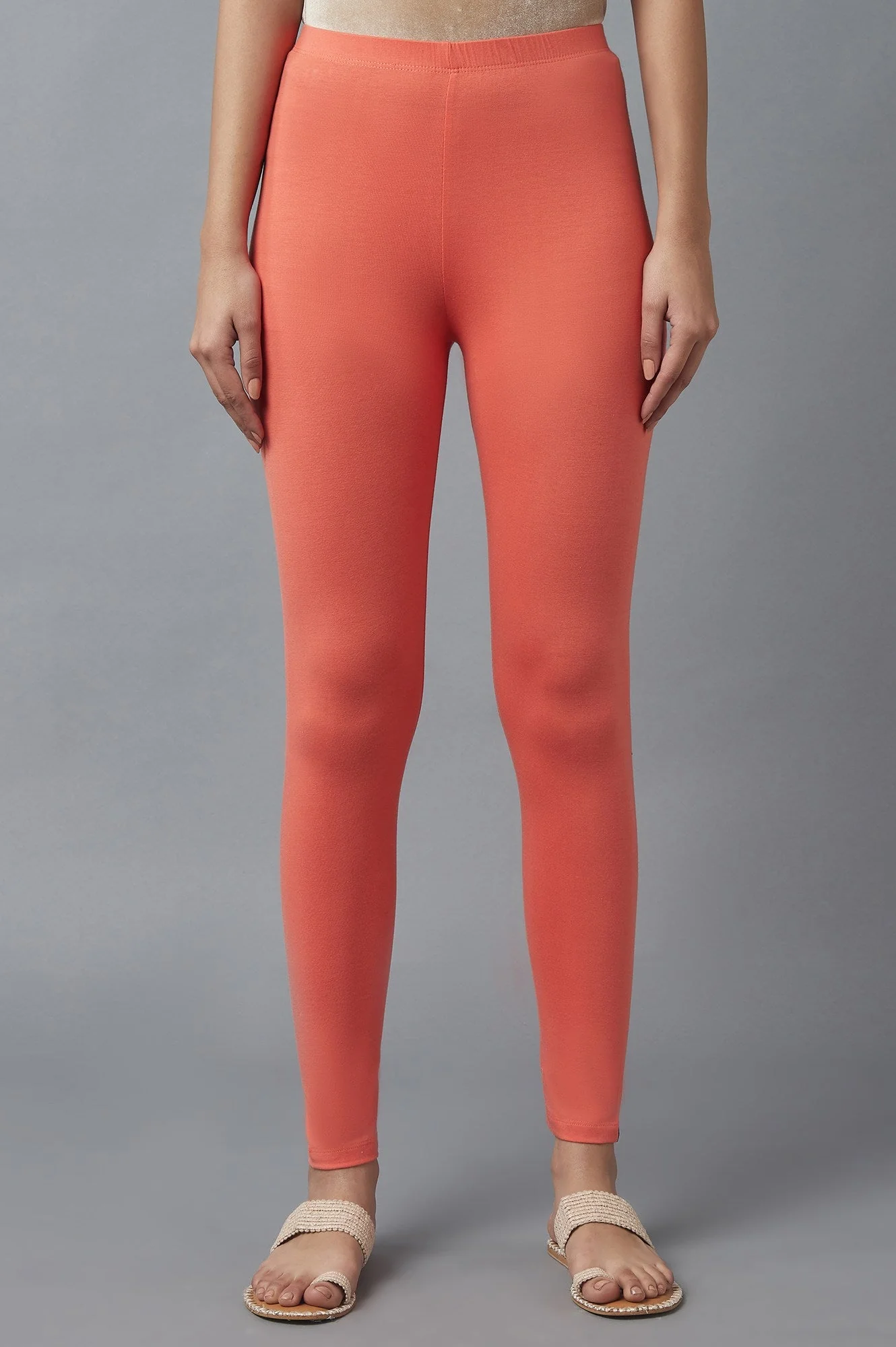 Peach Solid Skinny Cotton High Waisted Tights