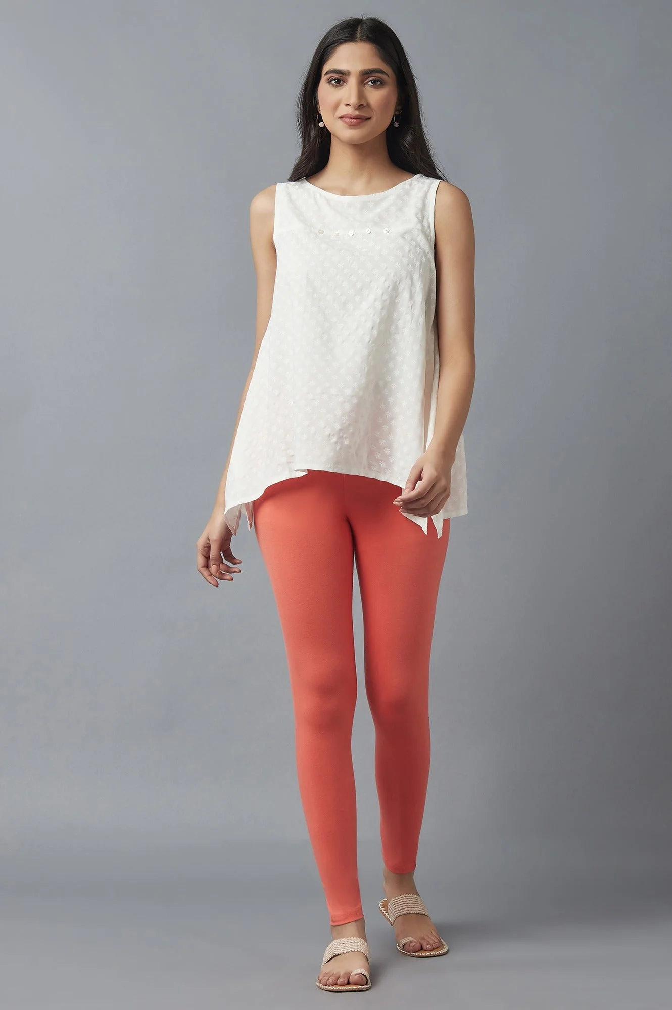 Peach Solid Skinny Cotton High Waisted Tights - Image 5