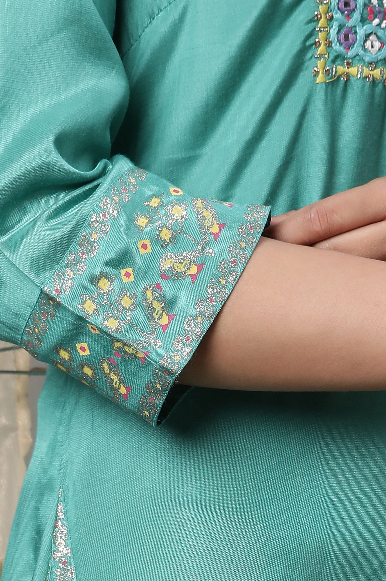 Marine Green Embroidered Asymmetrical Kurta, Churidar And Dupatta Set - Image 7