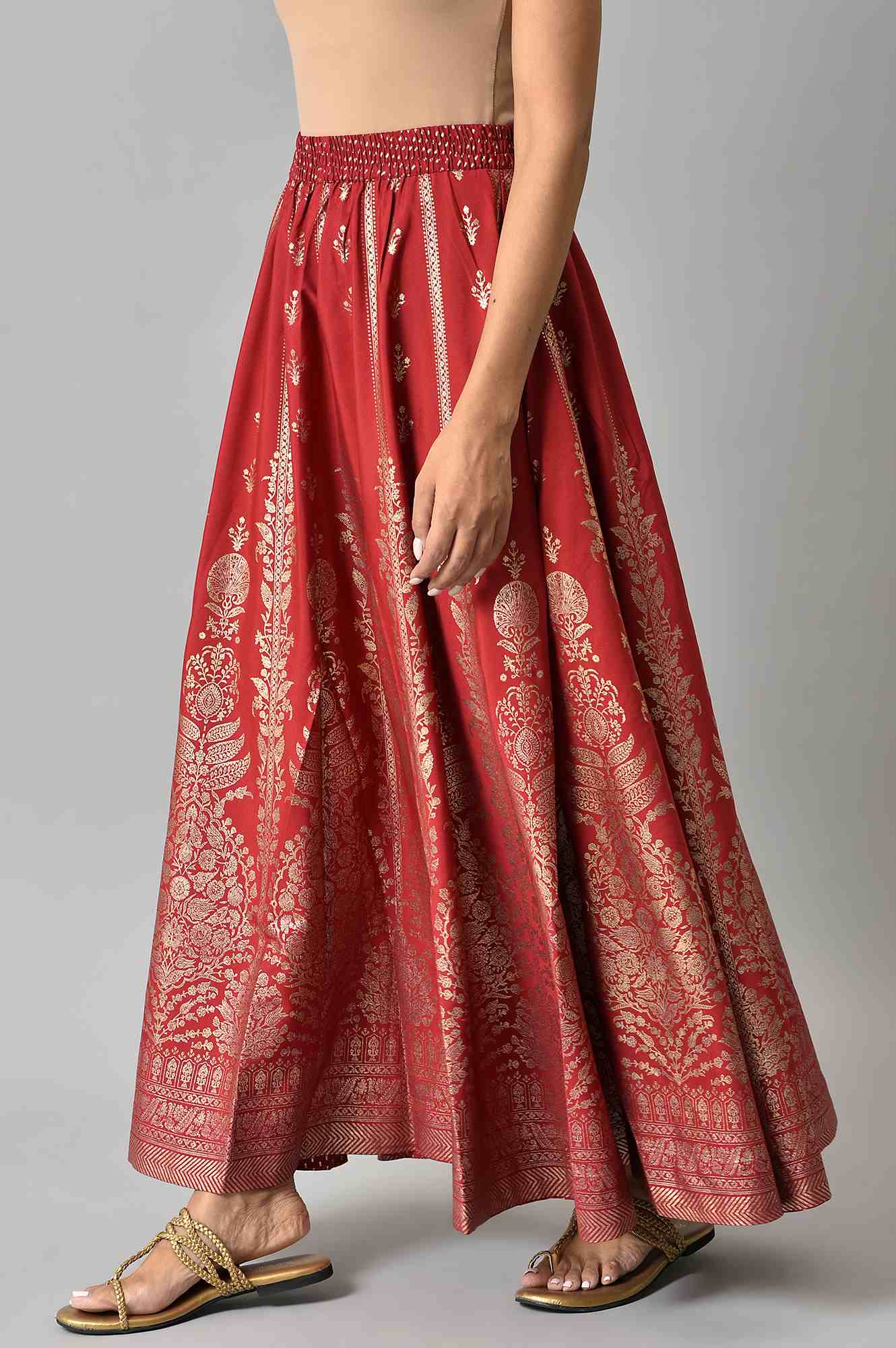 Maroon Floral Printed Flared Woven Skirt With Elasticated Waist - Image 3