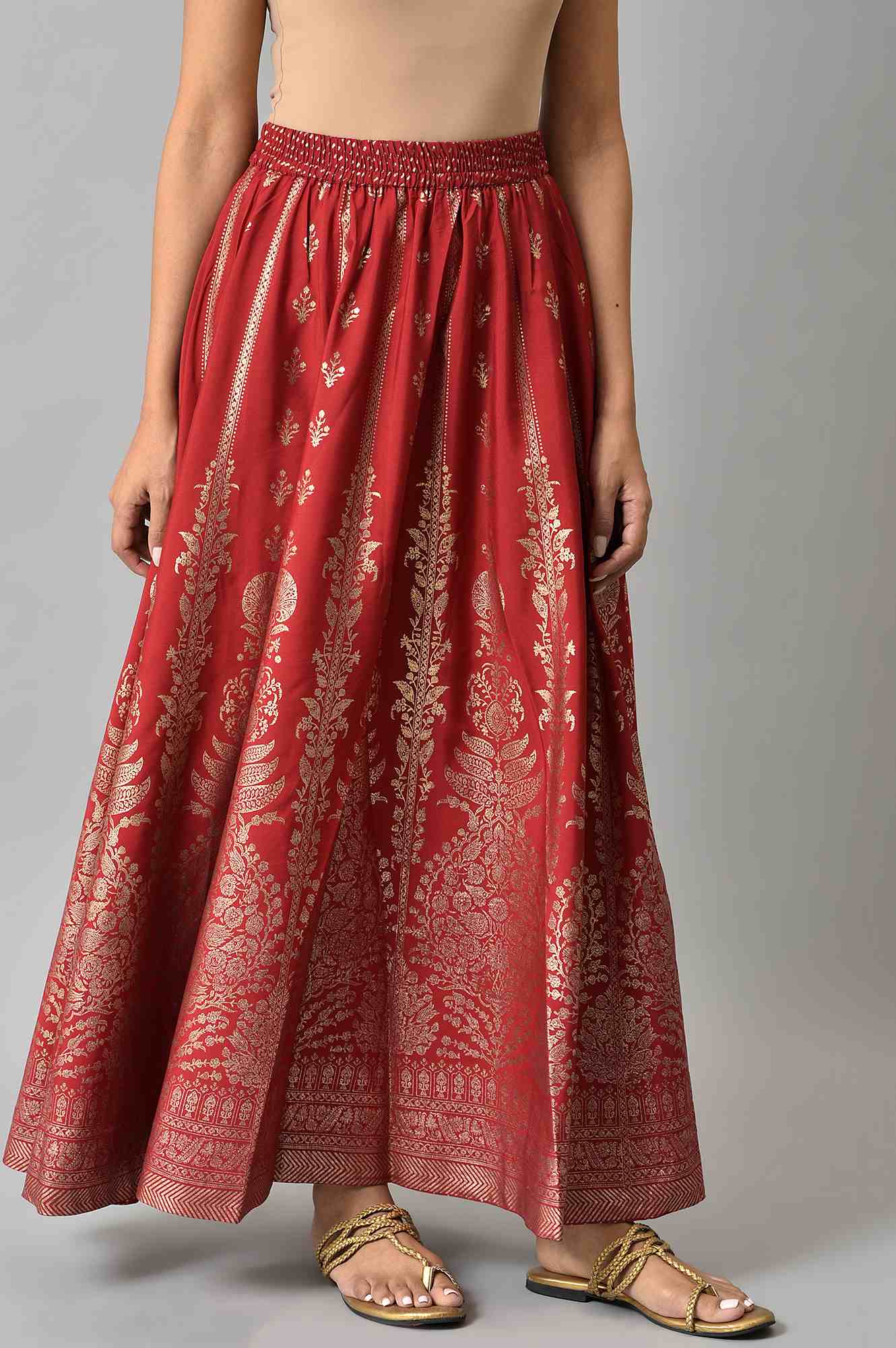 Maroon Floral Printed Flared Woven Skirt With Elasticated Waist - Image 4