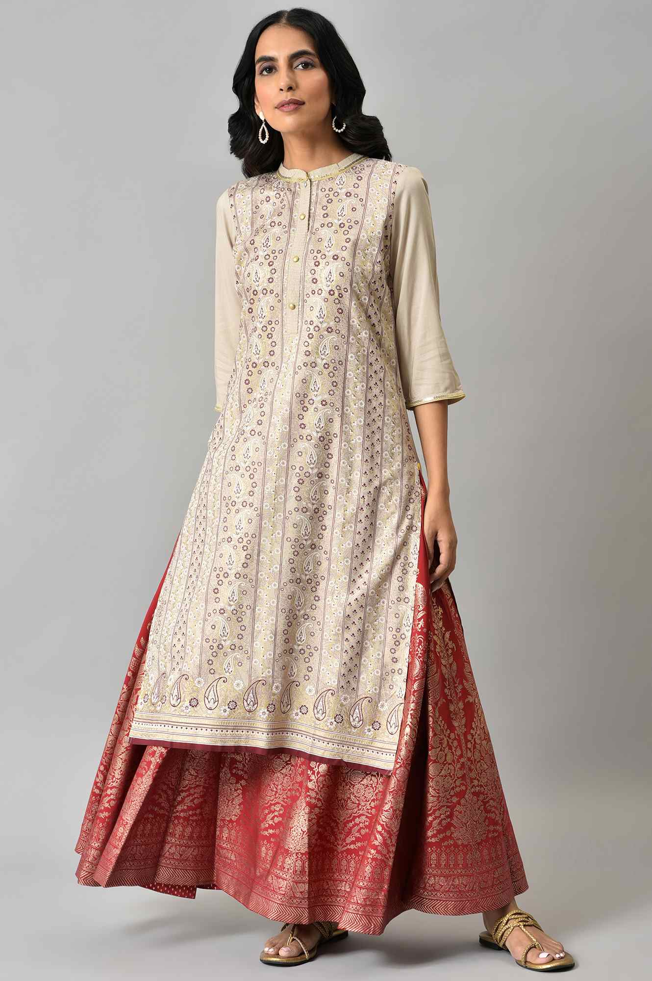Maroon Floral Printed Flared Woven Skirt With Elasticated Waist - Image 5
