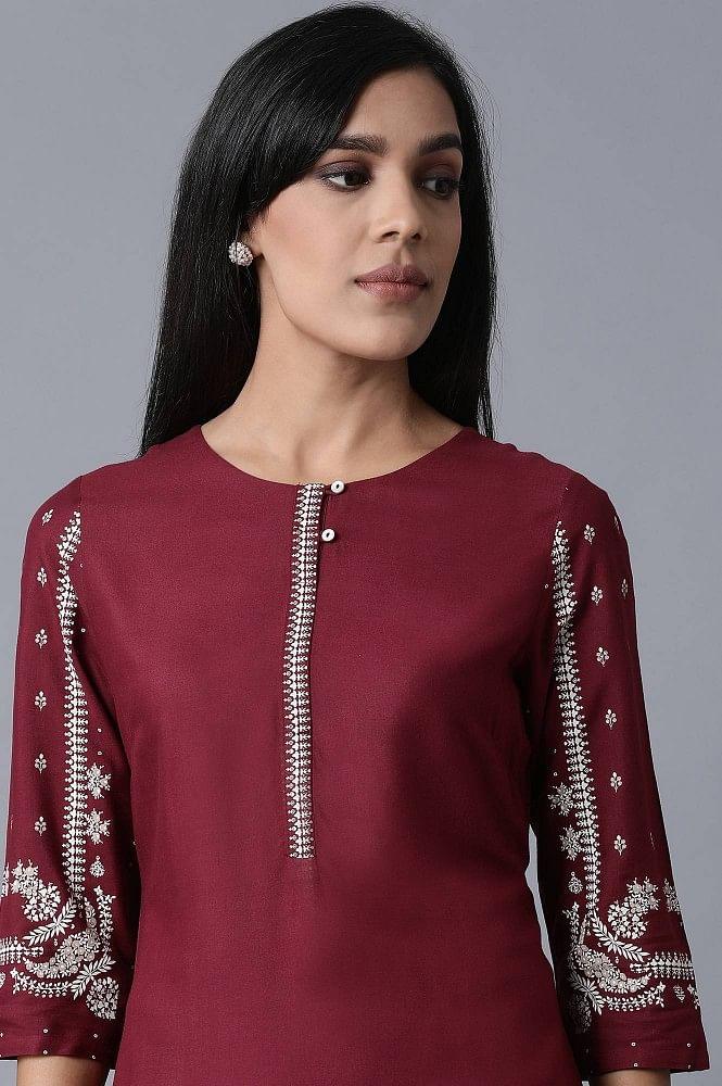 Maroon kurta With Printed Sleeves - Image 5