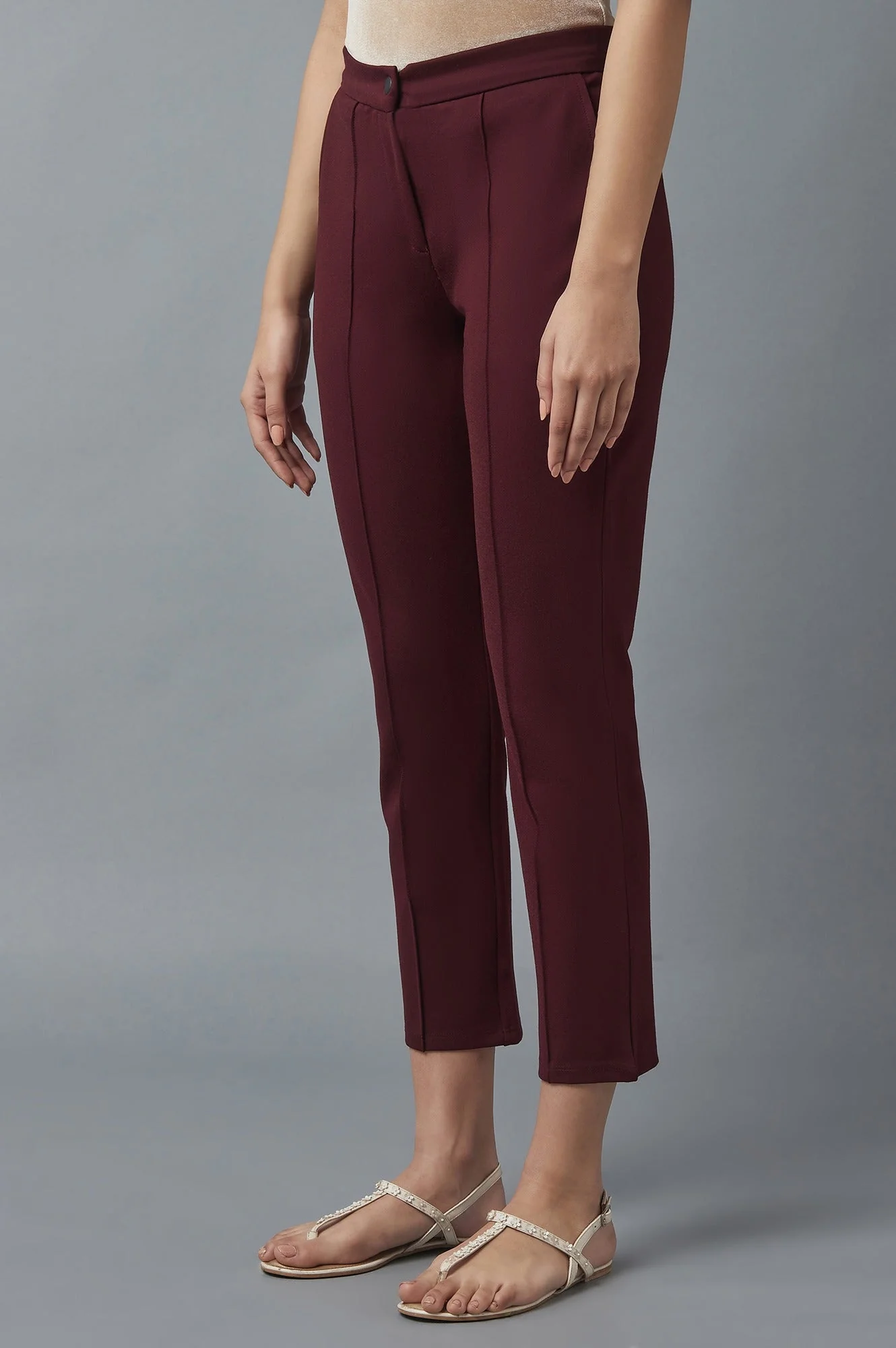 Maroon Solid Straight Fit Trousers With Pintuck Detail - Image 3