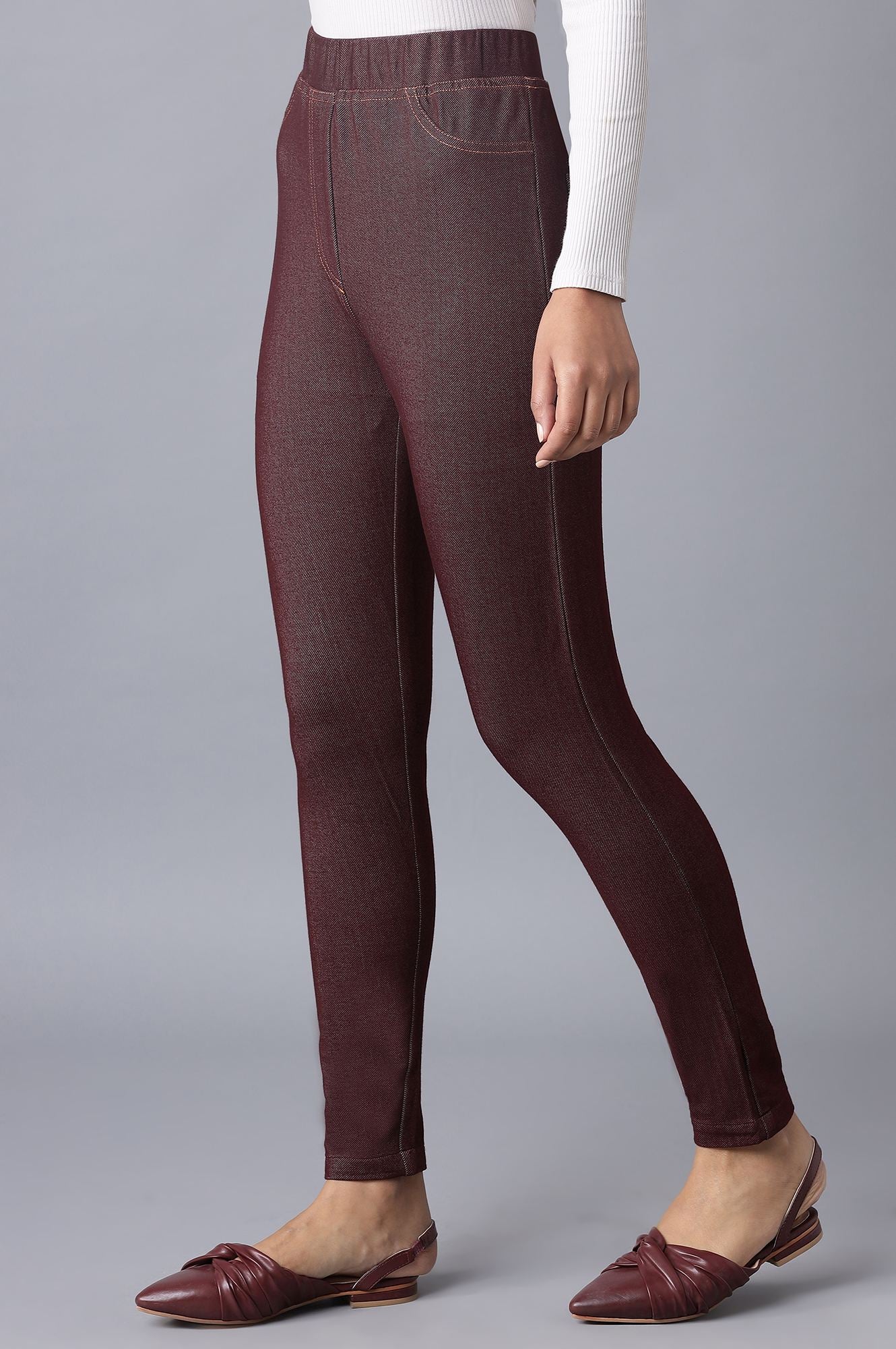 Maroon Solid Skinny Fit Cotton Jeggings With Elasticated Waist - Image 3