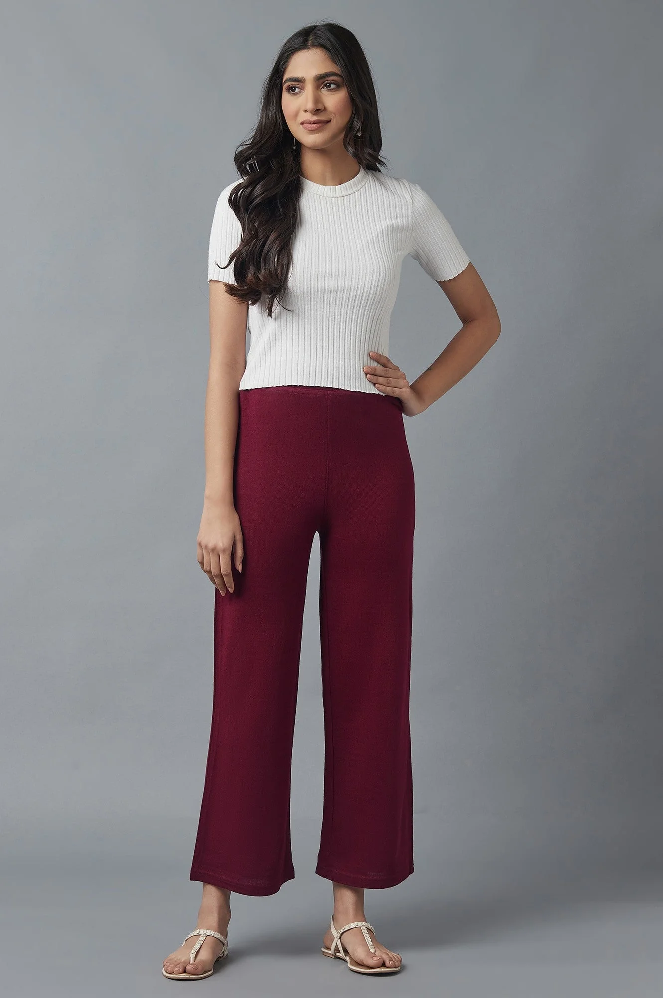 Maroon Solid Straight Fit Acrylic Palazzo With Elasticated Waist - Image 5