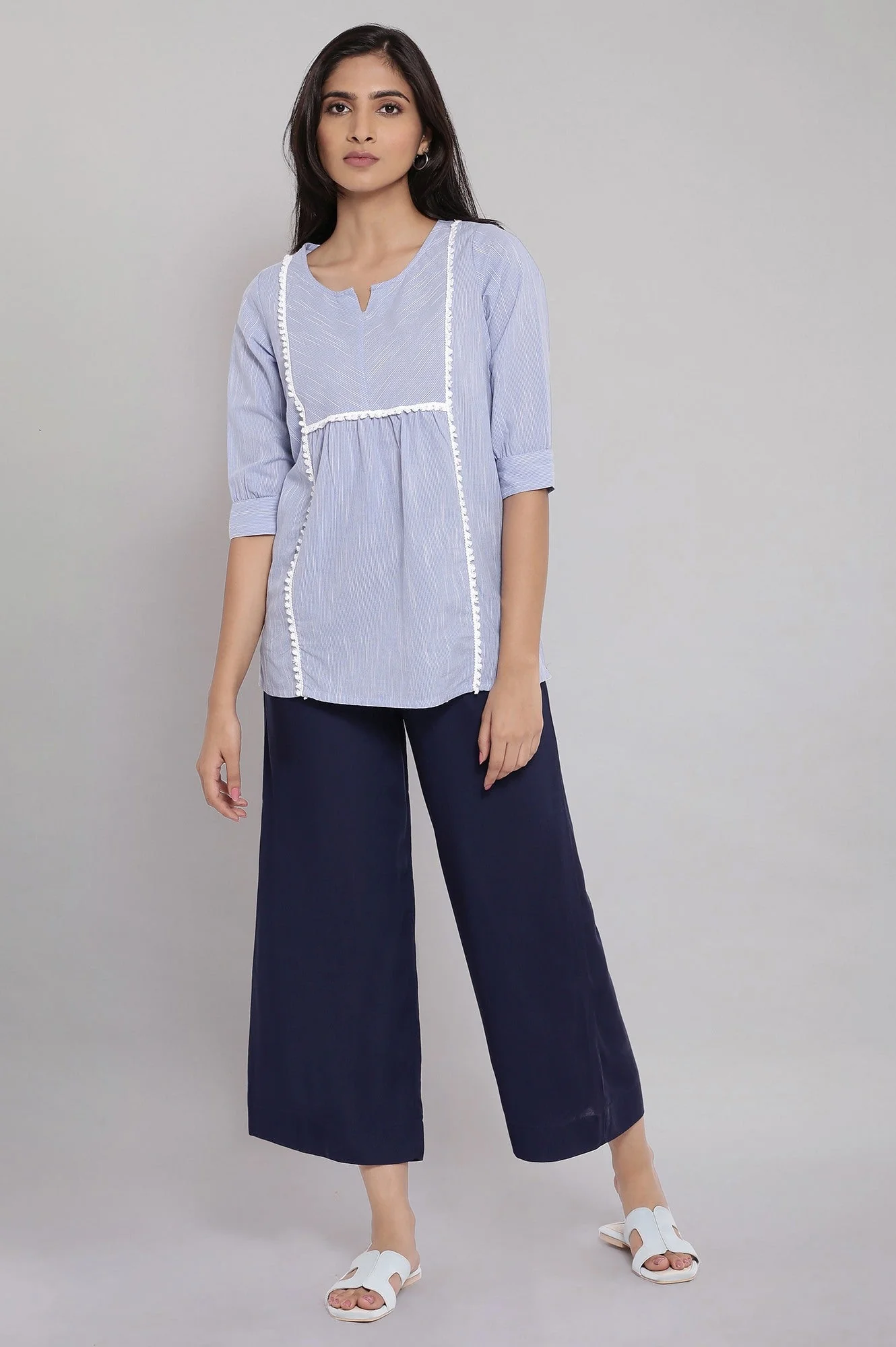 Navy Blue Solid Straight Fit Tencel Palazzo With Elasticated Waist - Image 5