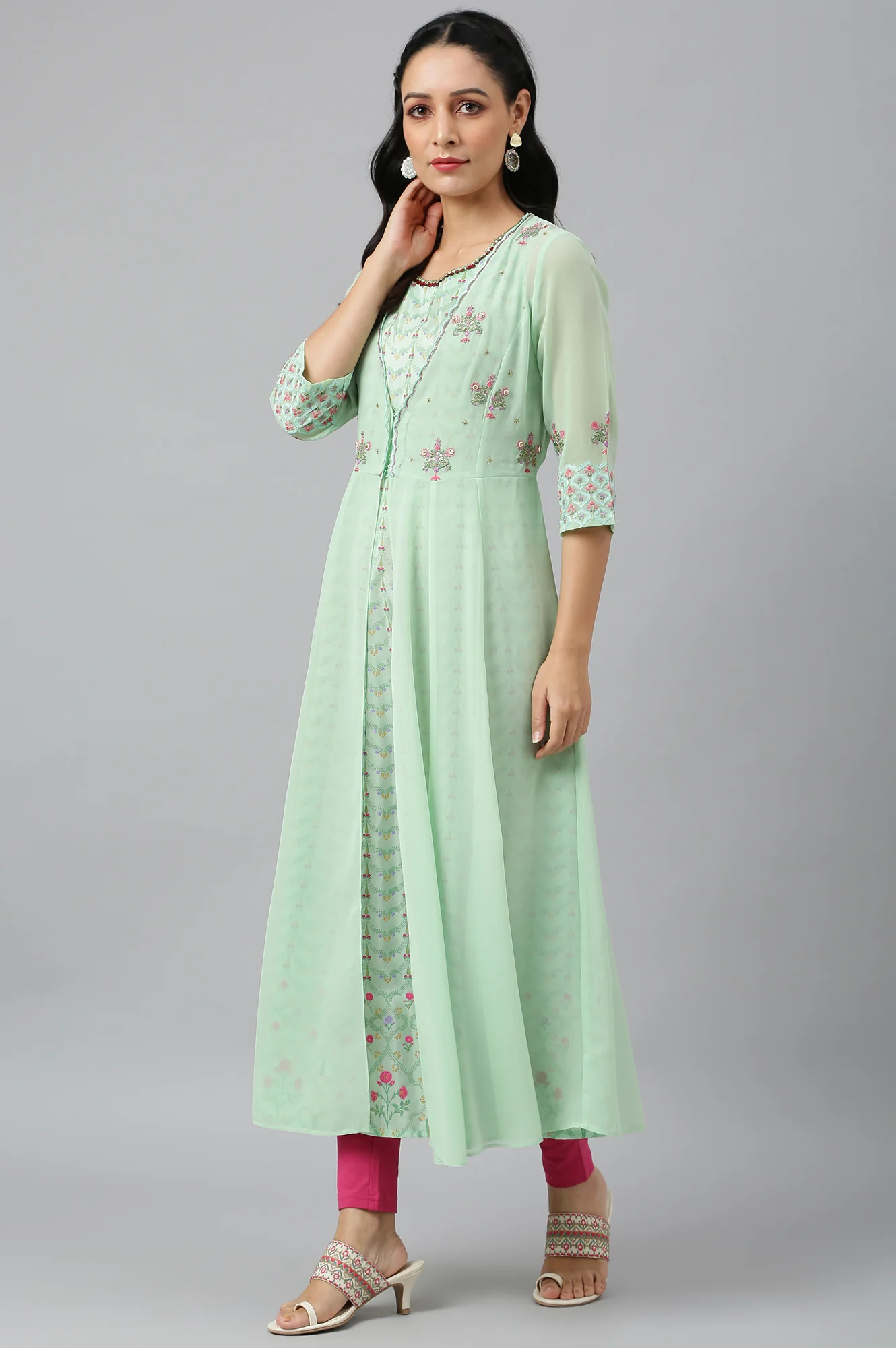 Mint Green Jacket With Kurta And Tights - Image 5
