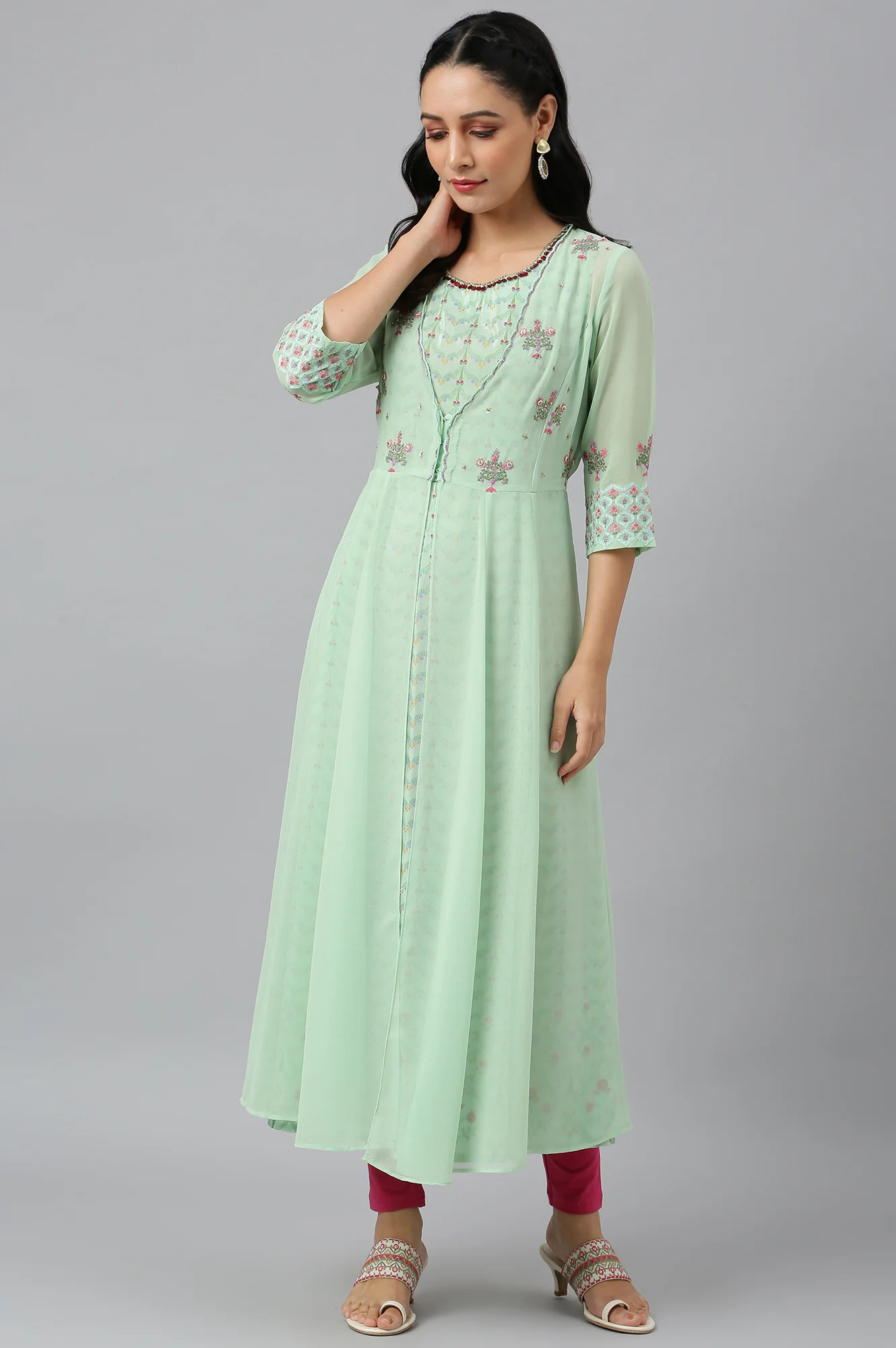 Mint Green Jacket With Kurta And Tights - Image 7