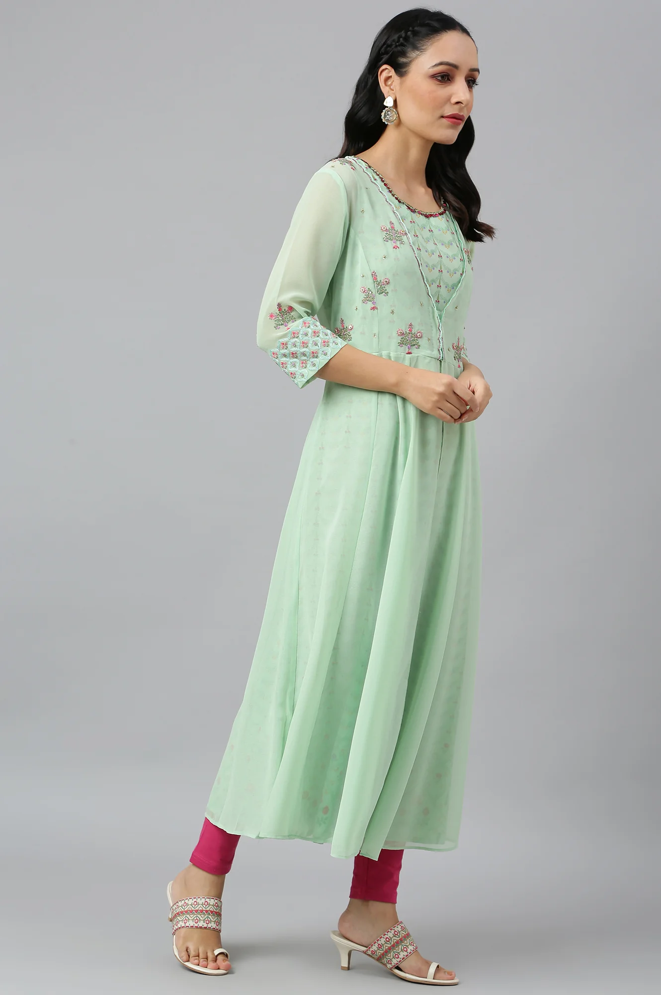Mint Green Jacket With Kurta And Tights - Image 8