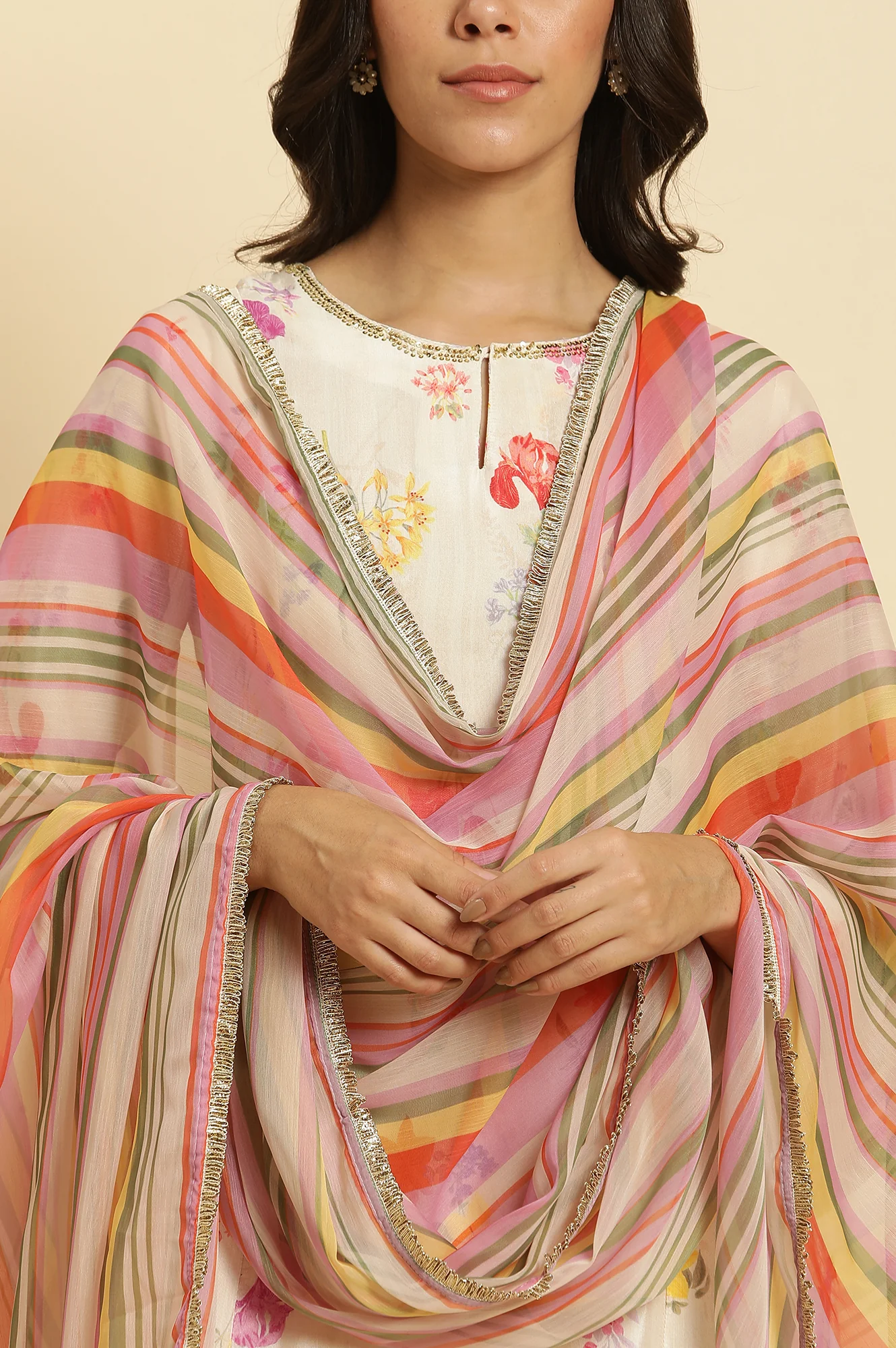 Multi-Coloured Striped Chiffon Dupatta - Image 5
