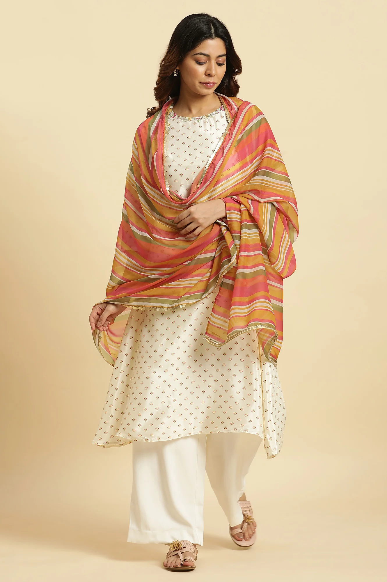 Multi-Coloured Striped Chiffon Dupatta