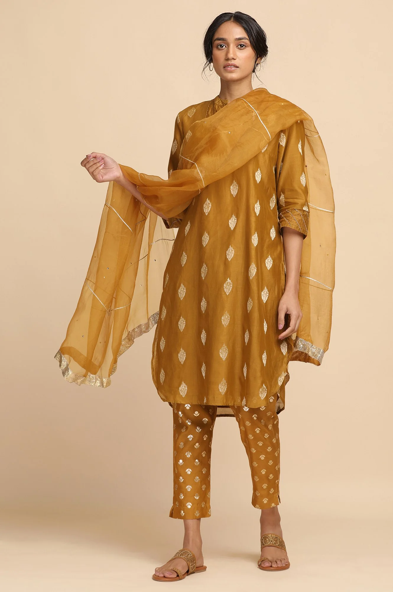 Mustard Cotton Silk Jacquard kurta - Image 5