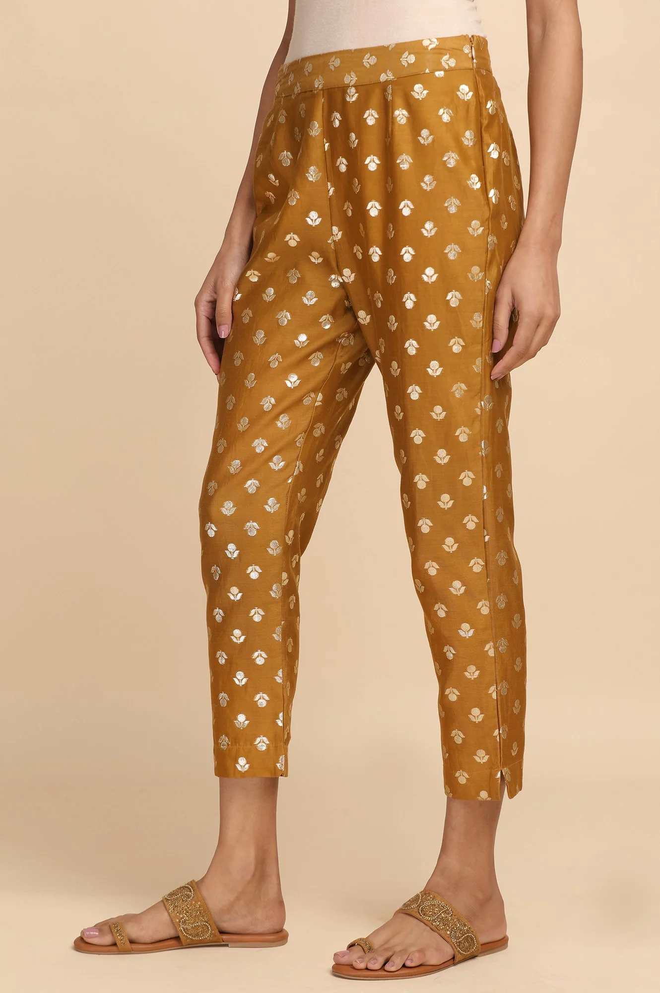Mustard Jacquard Slim Pants - Image 3