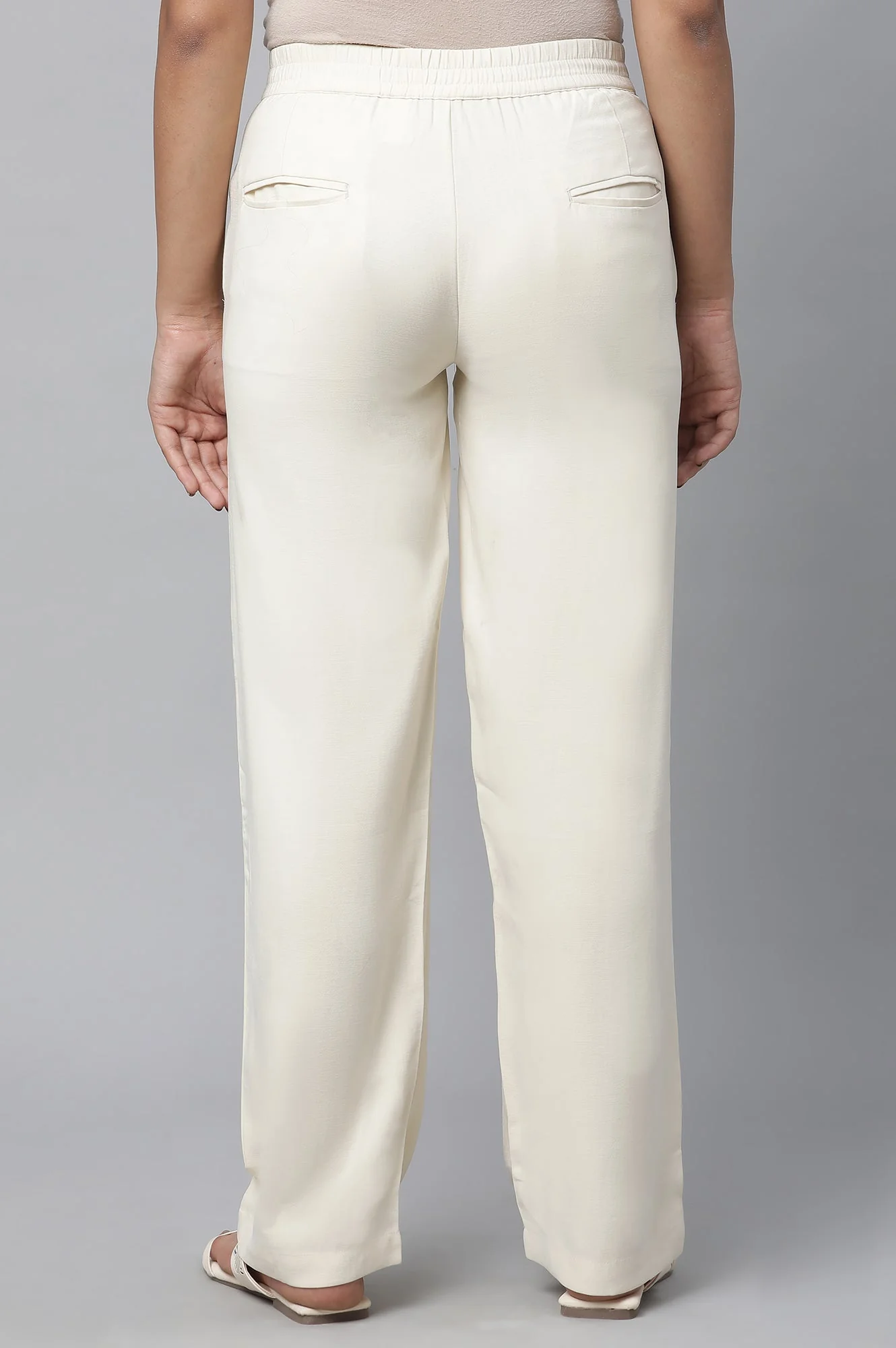 Off White Solid Straight-fit Rayon Pants with Pintuck Detail - Image 2