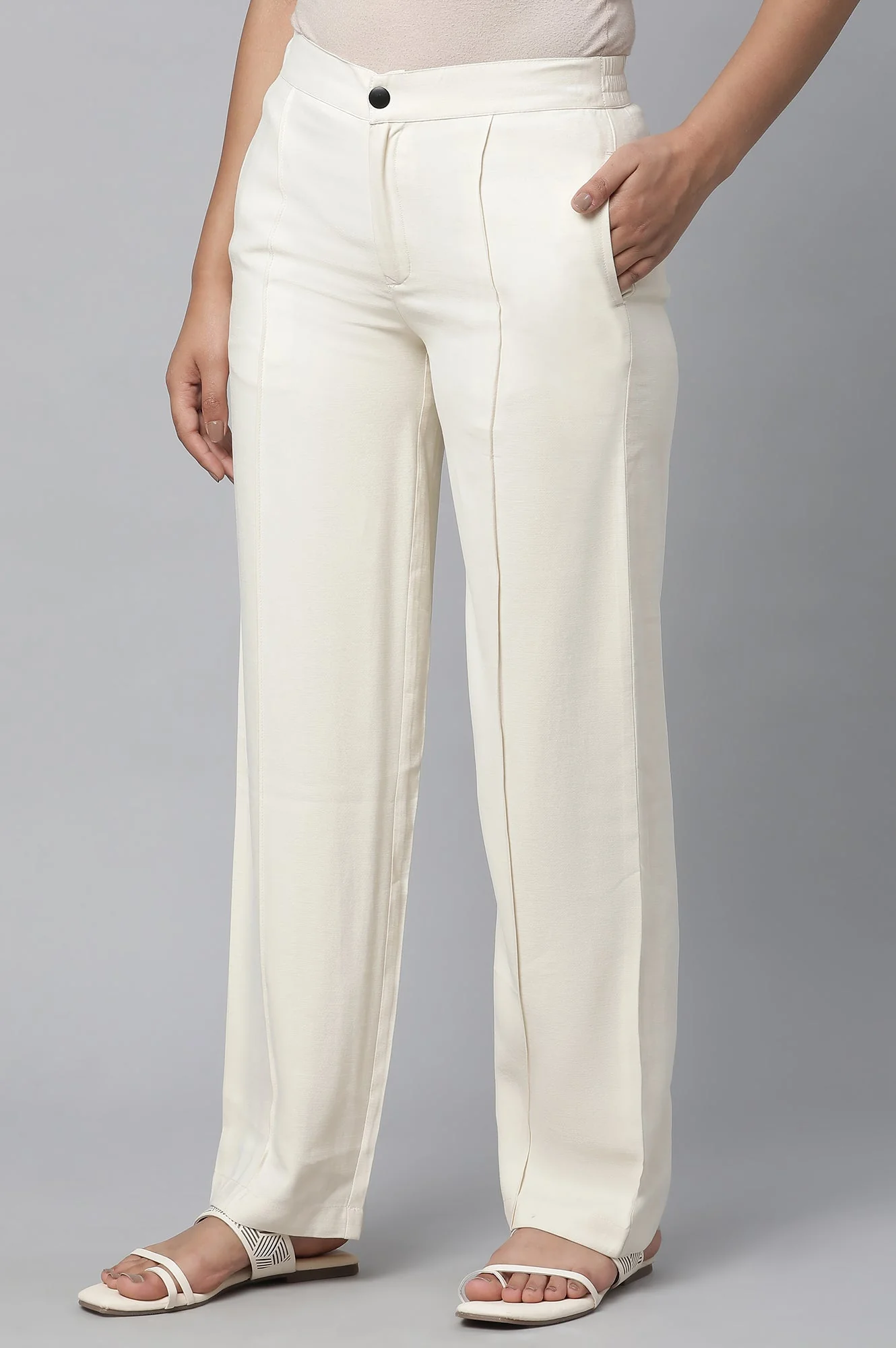 Off White Solid Straight-fit Rayon Pants with Pintuck Detail - Image 3