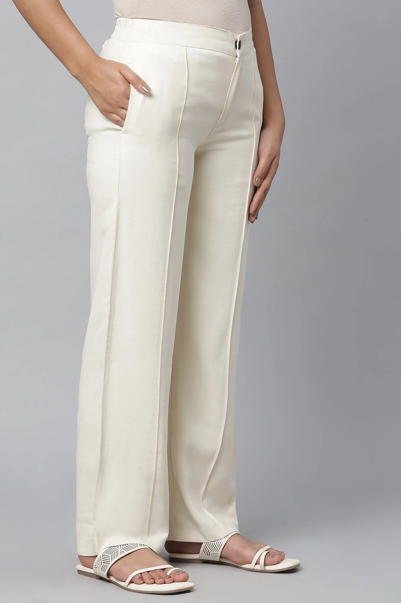 Off White Solid Straight-fit Rayon Pants with Pintuck Detail - Image 4