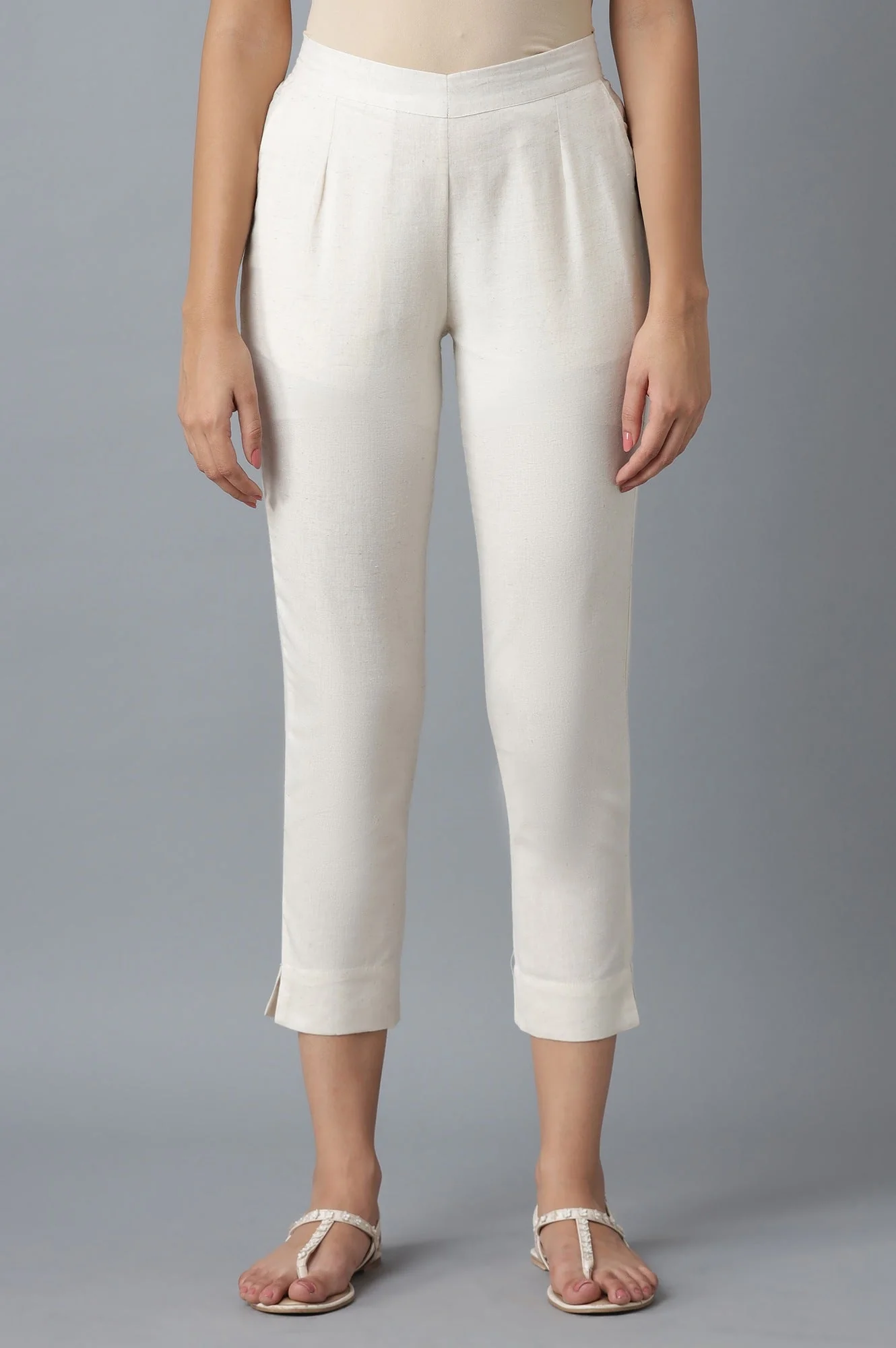 Off White Solid Straight-fit Cotton Pants with Elasticated Waistband