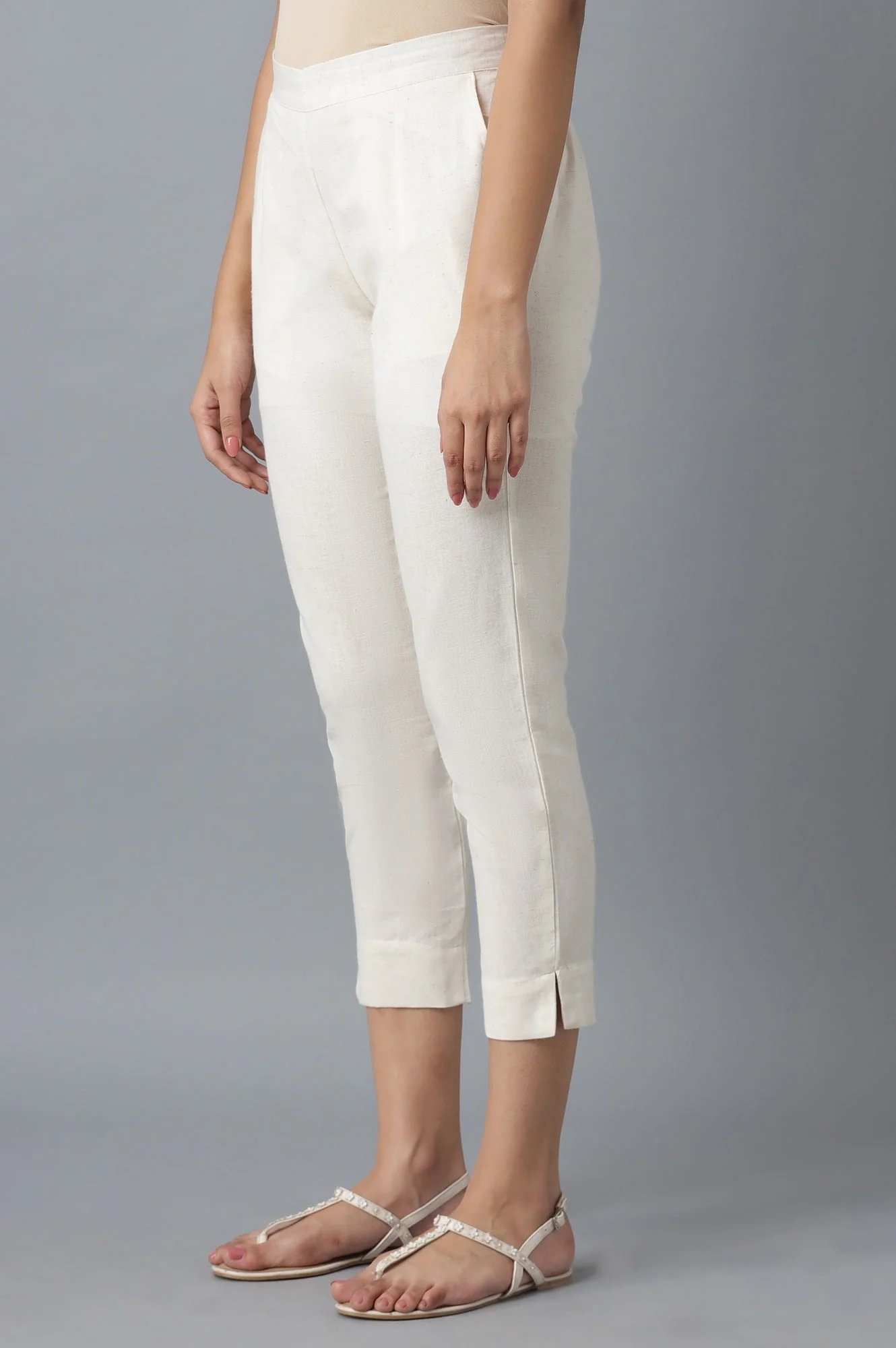 Off White Solid Straight-fit Cotton Pants with Elasticated Waistband - Image 3