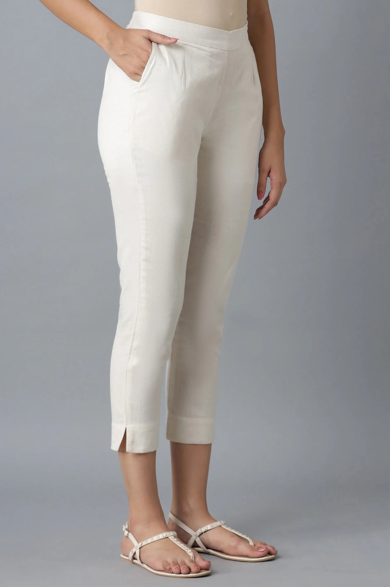 Off White Solid Straight-fit Cotton Pants with Elasticated Waistband - Image 4
