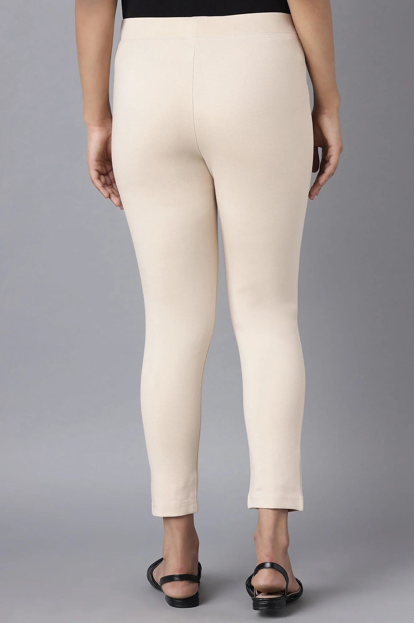 Beige Solid Straight Fit Pants With Elasticated Waist - Image 2